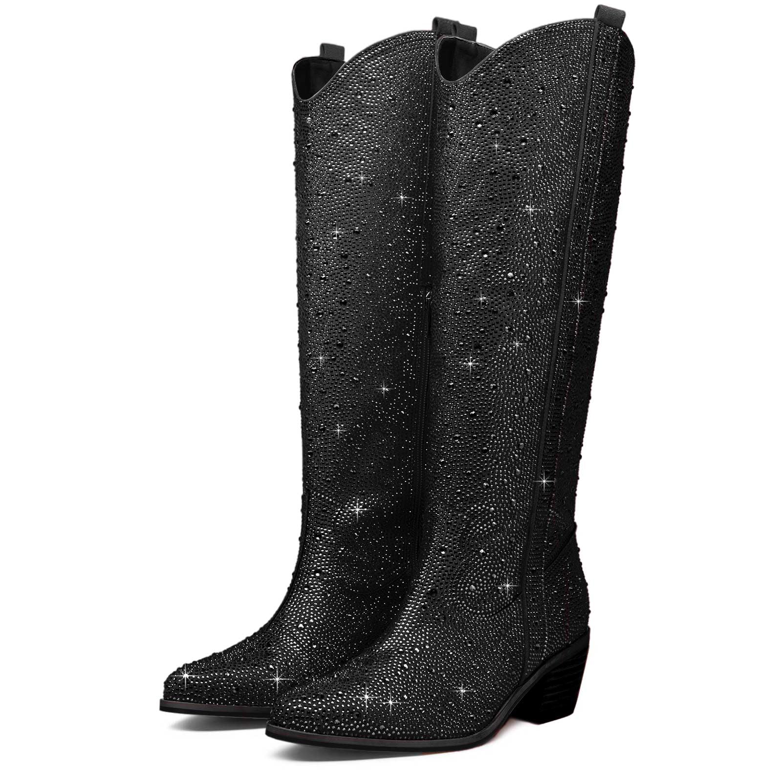 RKQ Women's Sparkly Metallic Cowboy Boots - Knee High Embroidered Western Boots, Pointed Toe, Chunky Heel, Wide Calf - View #8