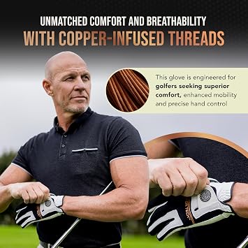 Copper Tech Golf Gloves Men Right Handed Golfer Or Left Handed Golfer (2 Pack)| Copper Compression Joint Support | Flexible & Comfortable Fit with AAA Leather