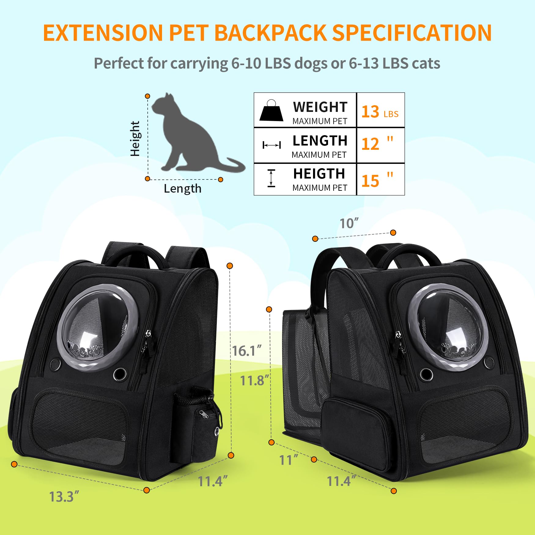 Dogs Backpack Carrier, Expandable Cat Carrier Backpack,Breathable Bubble Pet Backpack for Cat,Kitten and Small Puppy, Large Space,Portable Bags Foldable Cat Backpack for Traveling,Hiking(Black) - image 2