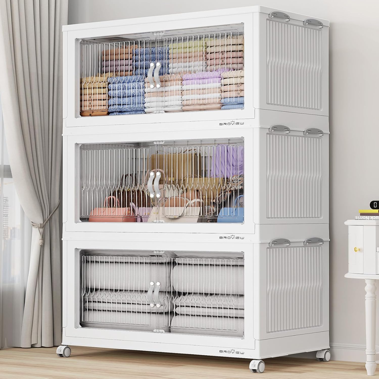 600 Qt Extra Large Stackable Storage Bins with Lid, Plastic Closet Organizer and Storage Drawer, Collapsible Storage Box with Wheels, Folding Storage Cabinet for Closet Organizing, 3Pack White 600 Qt Extra Large Stackable Storage Bins with Lid, Plastic Closet Organizer and Storage Drawer, Collapsible Storage Box with Wheels, Folding Storage Cabinet for Closet Organizing, 3Pack White