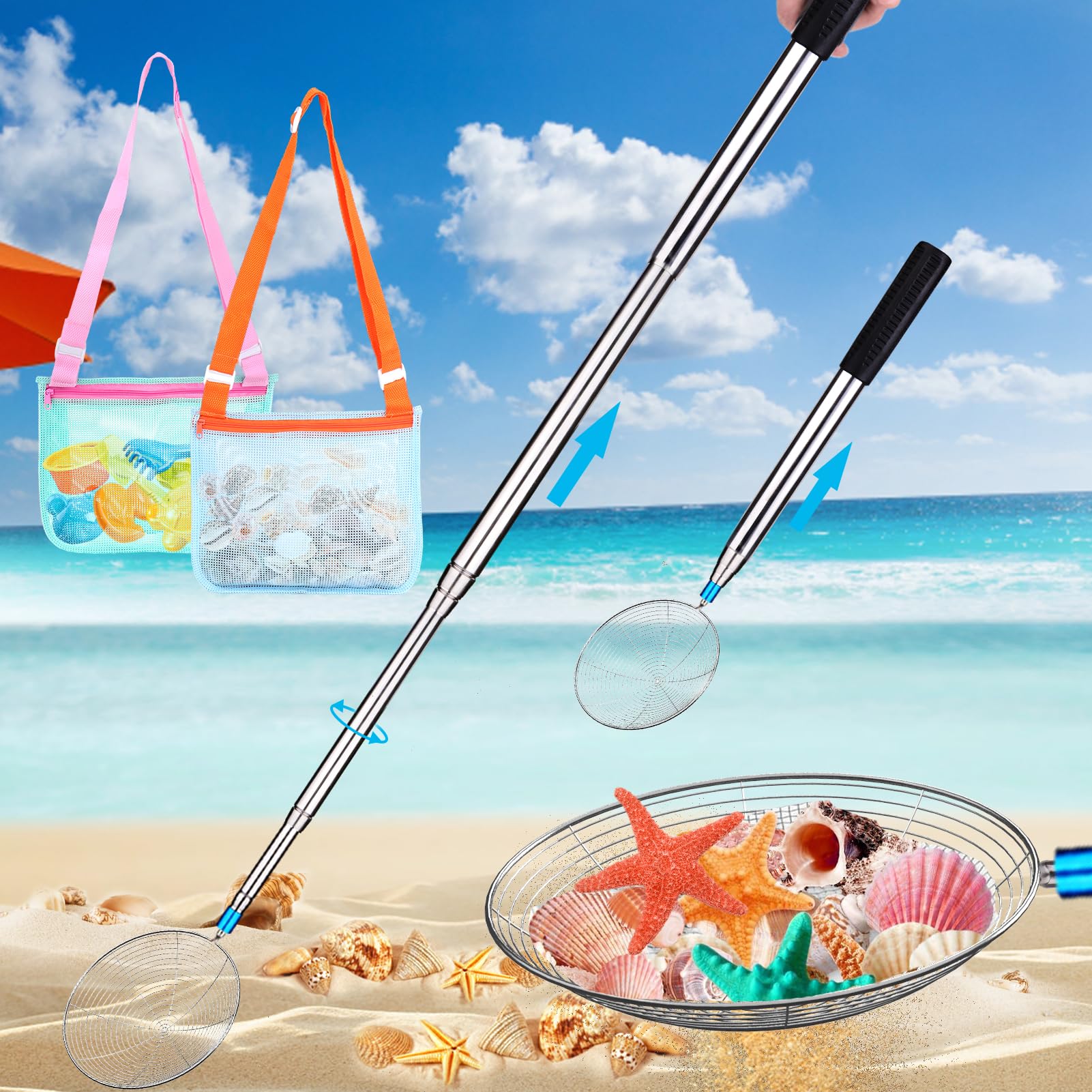BABORUI 2PCS Sand Sifter for Beach with Shell Bags, 23.5 to 61 Inch Shark Tooth with Extra Long Adjustable Handle, Shelling Tools for Beach Essentials
