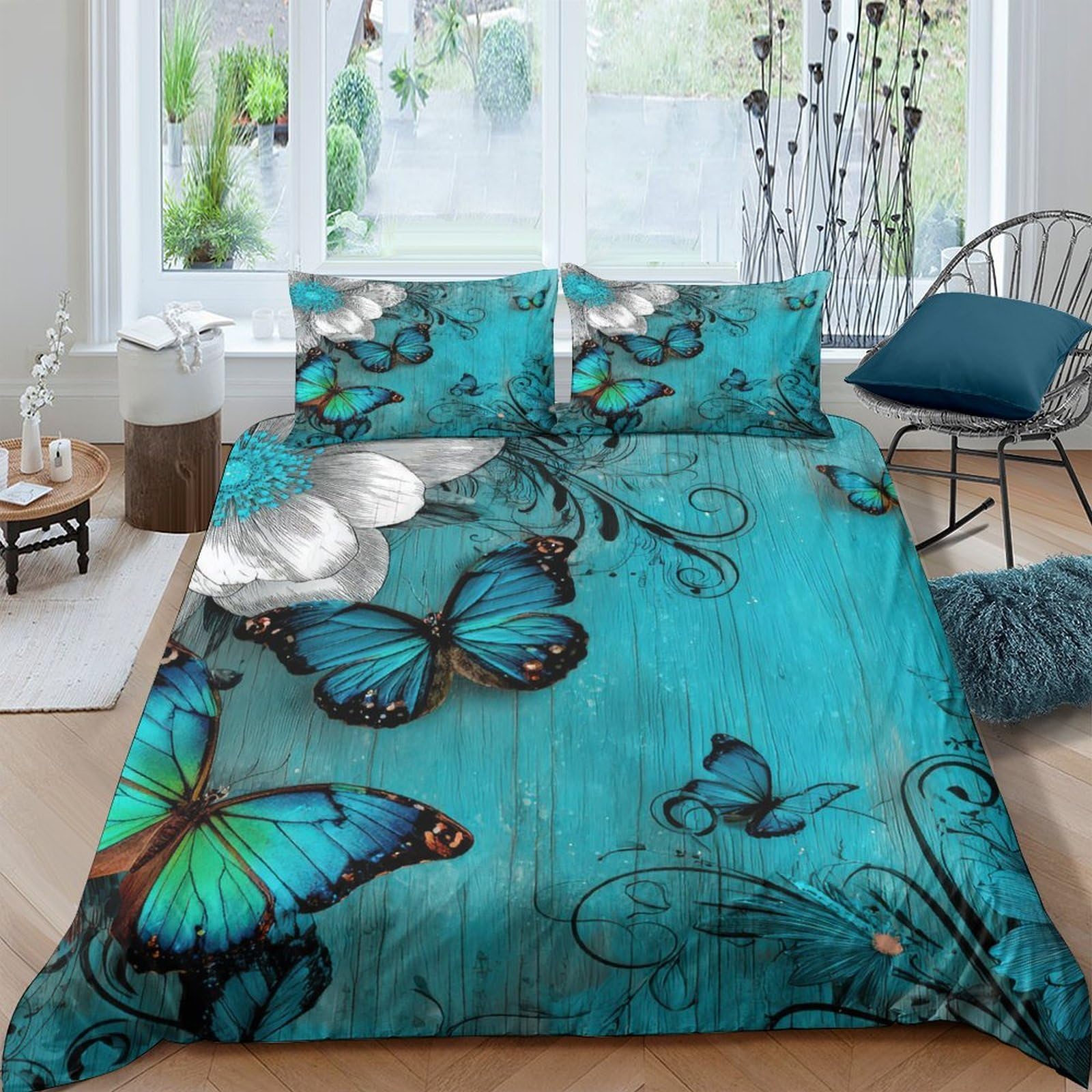 GPLZQXKJNH 3D Printed Blue Butterfly Duvet Cover Microfiber Soft Breathable Floral Quilt Cover Set with 2 Pillowcases for Bedroom Home Decor Single（135x200cm）