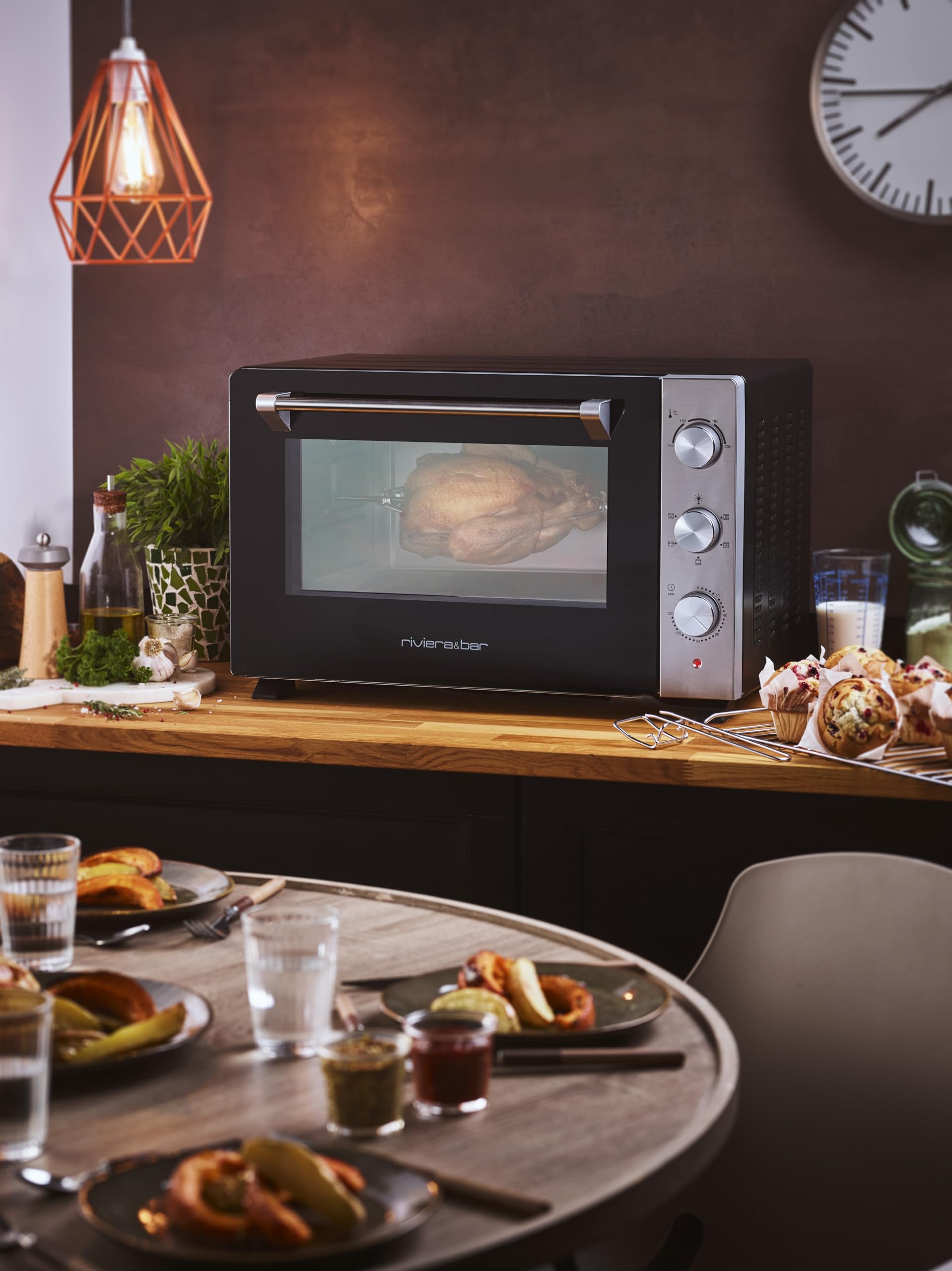 riviera&bar Four Posable Parois Tempérées - 1500W, 30L Inox - 5 Modes de Cuisson - Minuterie 90 min - Double Paroi Isolante - Accessoires Inclus - Noir Mat