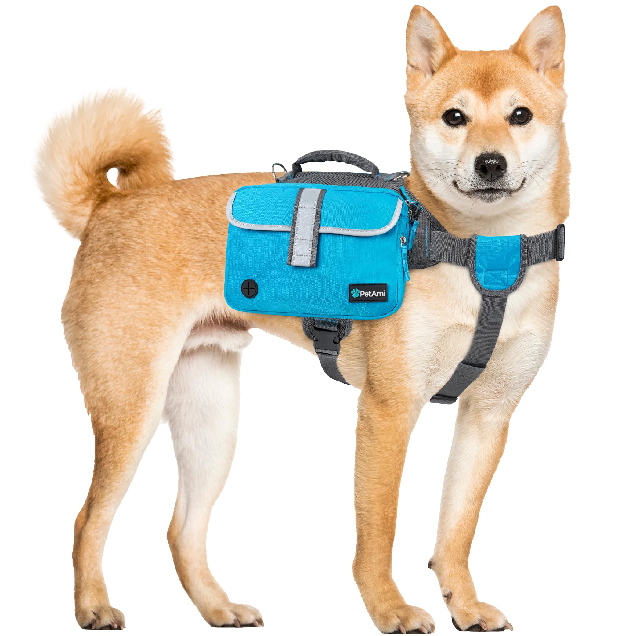 PetAmi Mochila para perros medianos y grandes, bolsa de sillín para perros para llevar, arnés con bolsillos laterales reflectantes de seguridad para senderismo, camping, chaleco para viajes (azul,