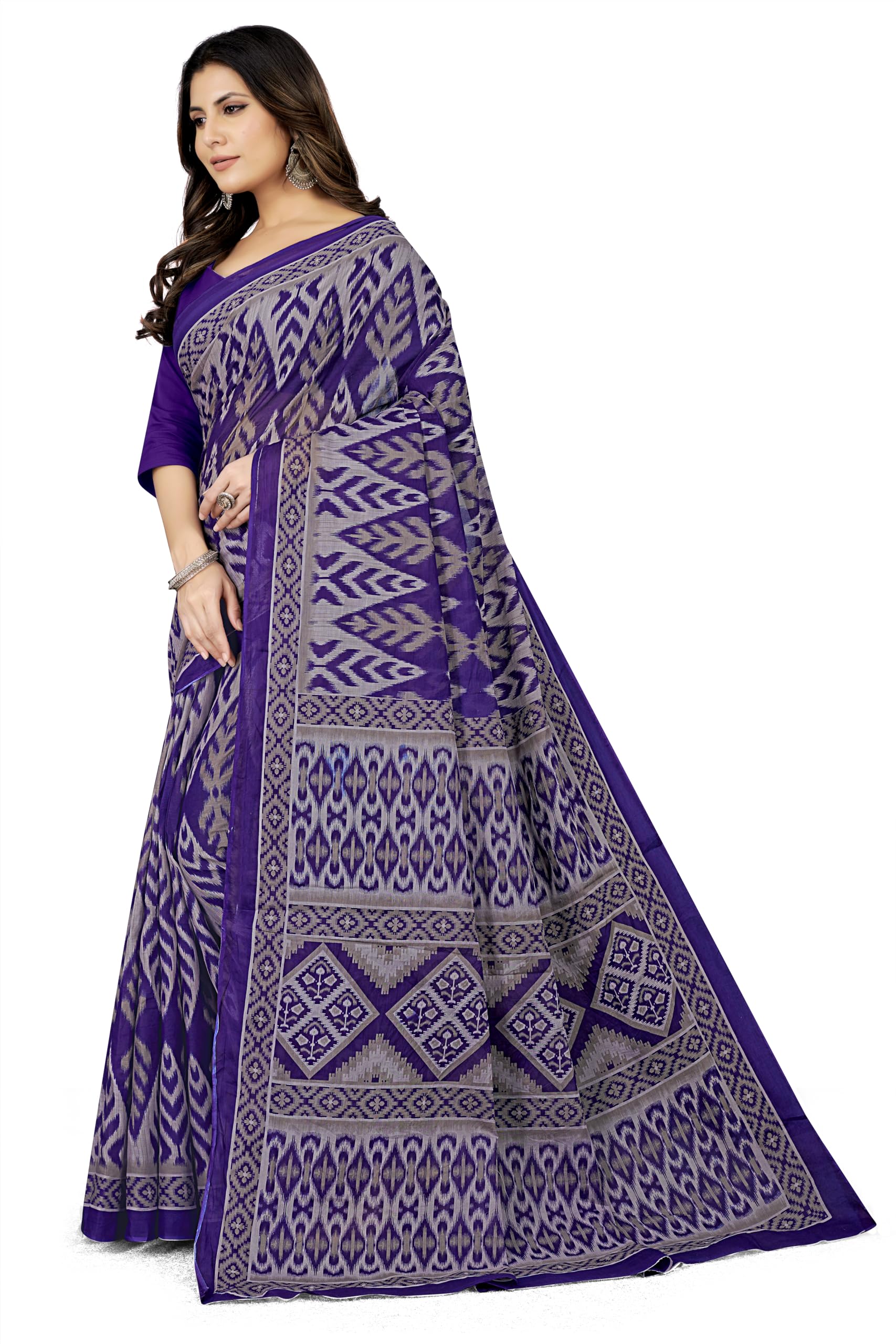 Tamaira Fashion Women's Handloom Print Pure Cotton Saree Without Blouse Piece(12004_Grey&Blue)