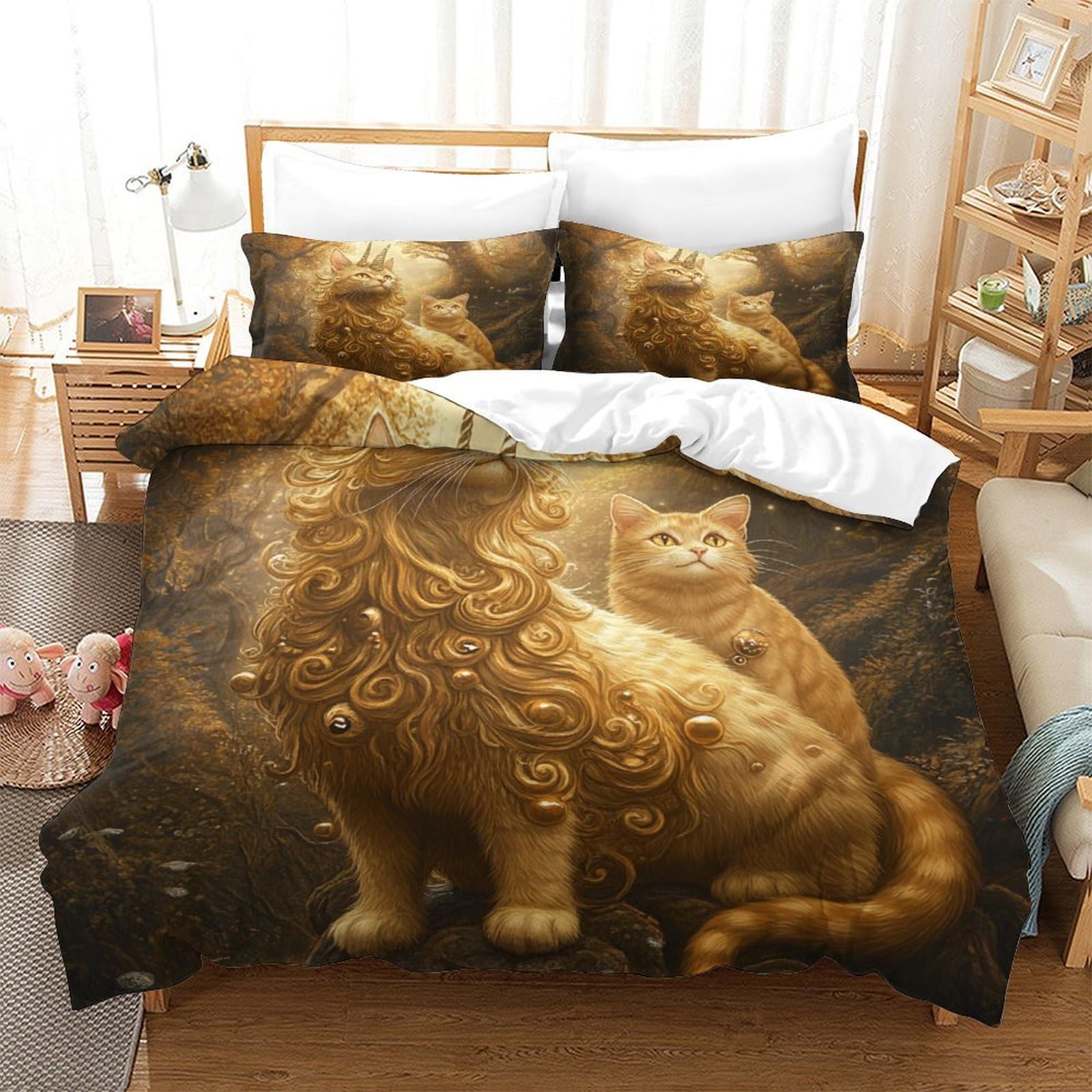 Fantasia del gatto dorato Impressione 3D 3 pz fodera per edredone arte di creature mitiche coperteletto microfibra ipoallergenica antiacari per ragazzi uomini adulti King（220x240cm）