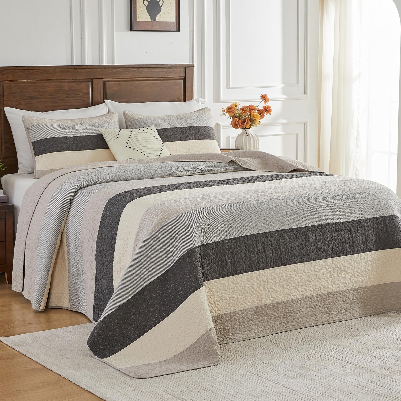 SahSahCasa 100% Cotton 102"x120" Oversized Queen Quilt Bedspread - Quilted Extra Large Comforter Lightweight Bedding Set, XL Striped Wide Bed Spread