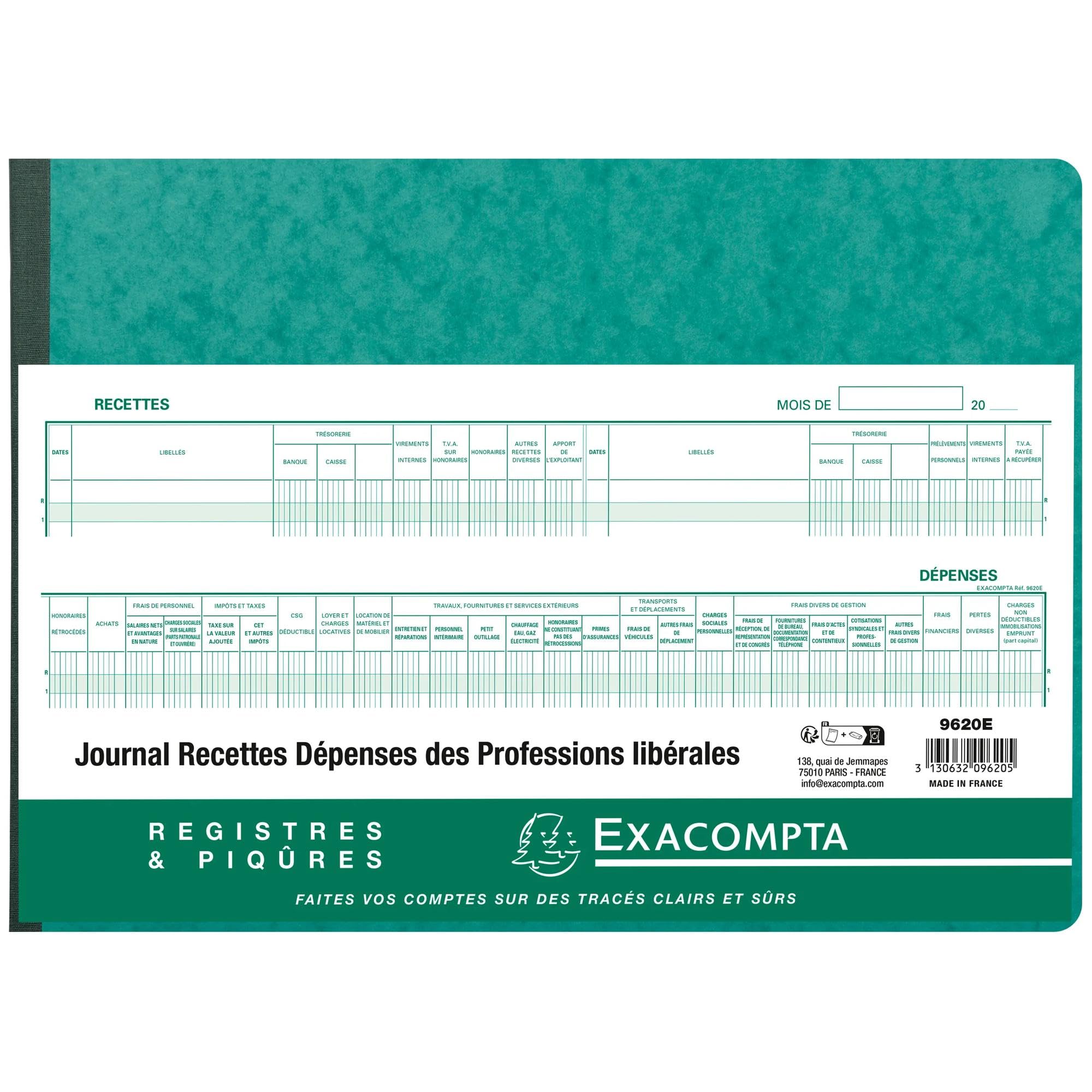 Exacompta – ref.9620E – Diario de gastos e ingresos para profesionales liberalse, de 27 x 38 cm y con 80 páginas. Colores aleatorios.