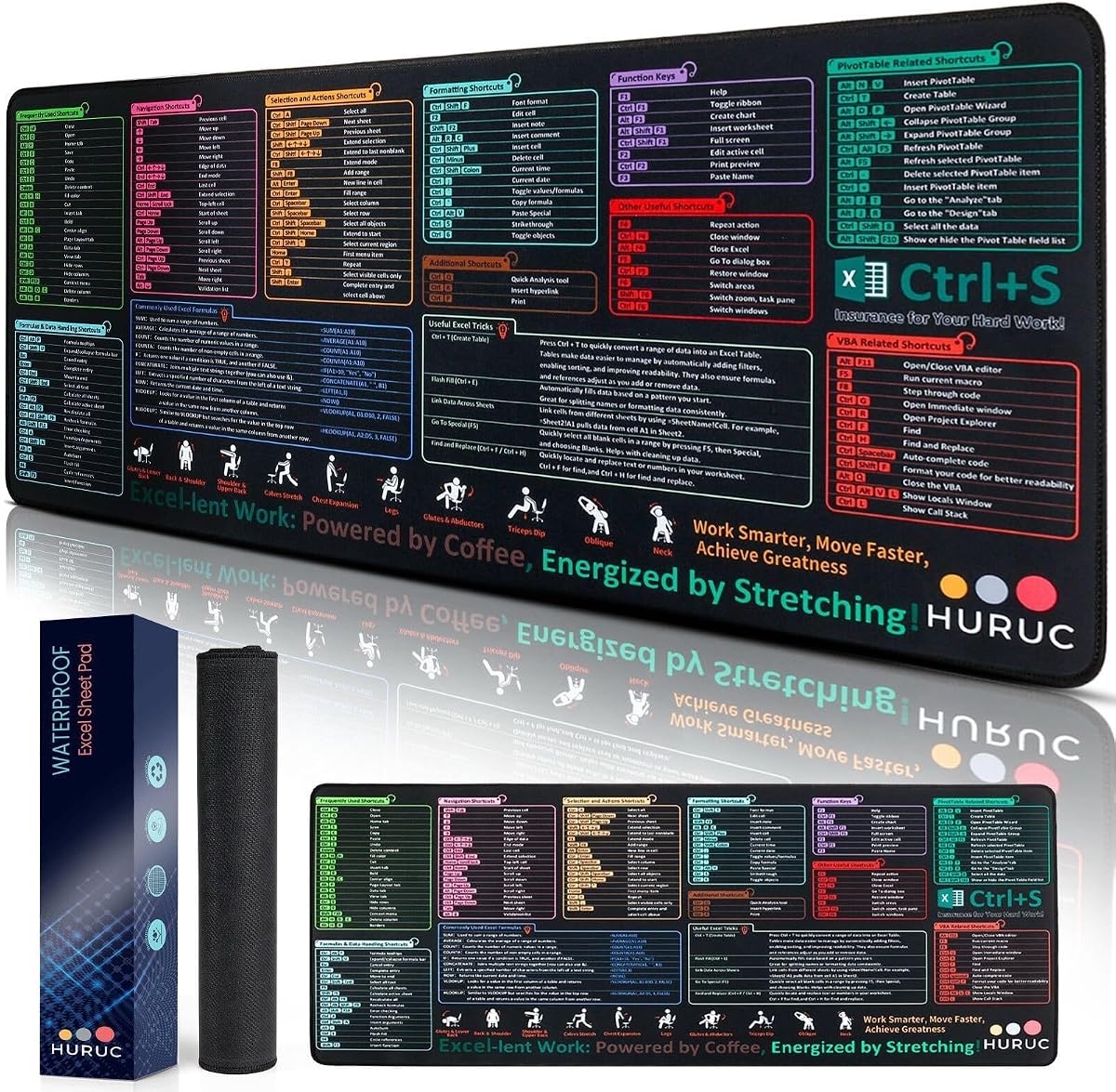 Excel Cheat Sheet Desk Pad, Large Excel Desk Mat with Shortcuts | Waterproof Surface, Non-Slip Rubber Base, Stitched Edges, HD Print, 31.5 x 11.8 In, with Excel Tutorial QR