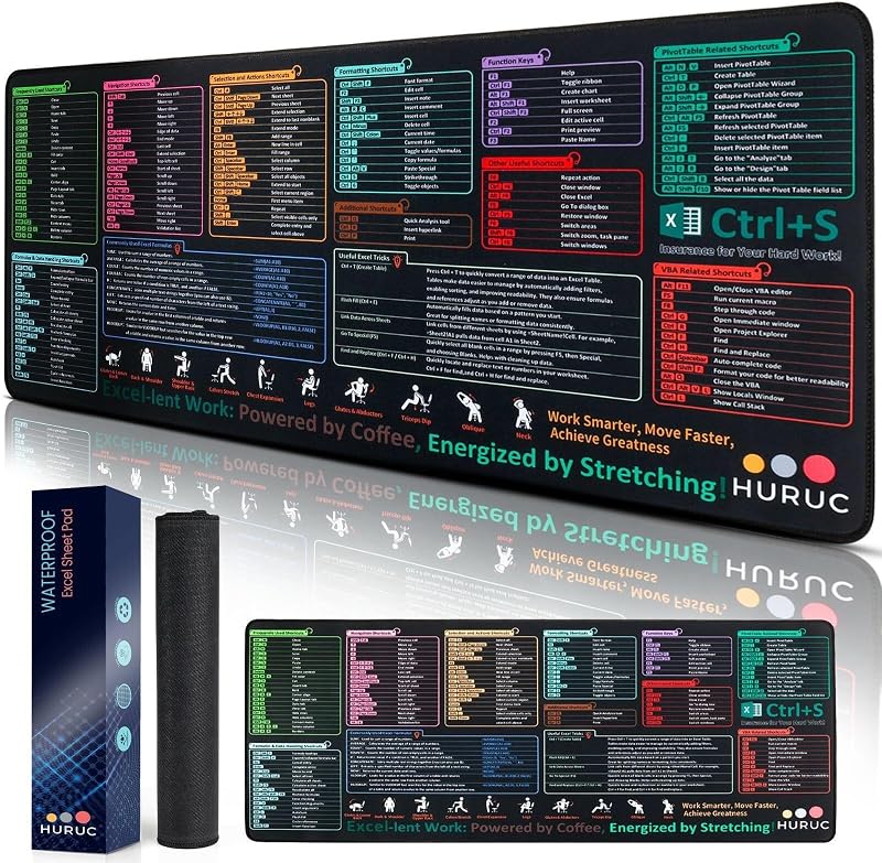 Excel Cheat Sheet Desk Pad, Large Excel Desk Mat with Shortcuts | Waterproof Surface, Non-Slip Rubber Base, Stitched Edges, HD Print, 31.5 x 11.8 In, with Excel Tutorial QR