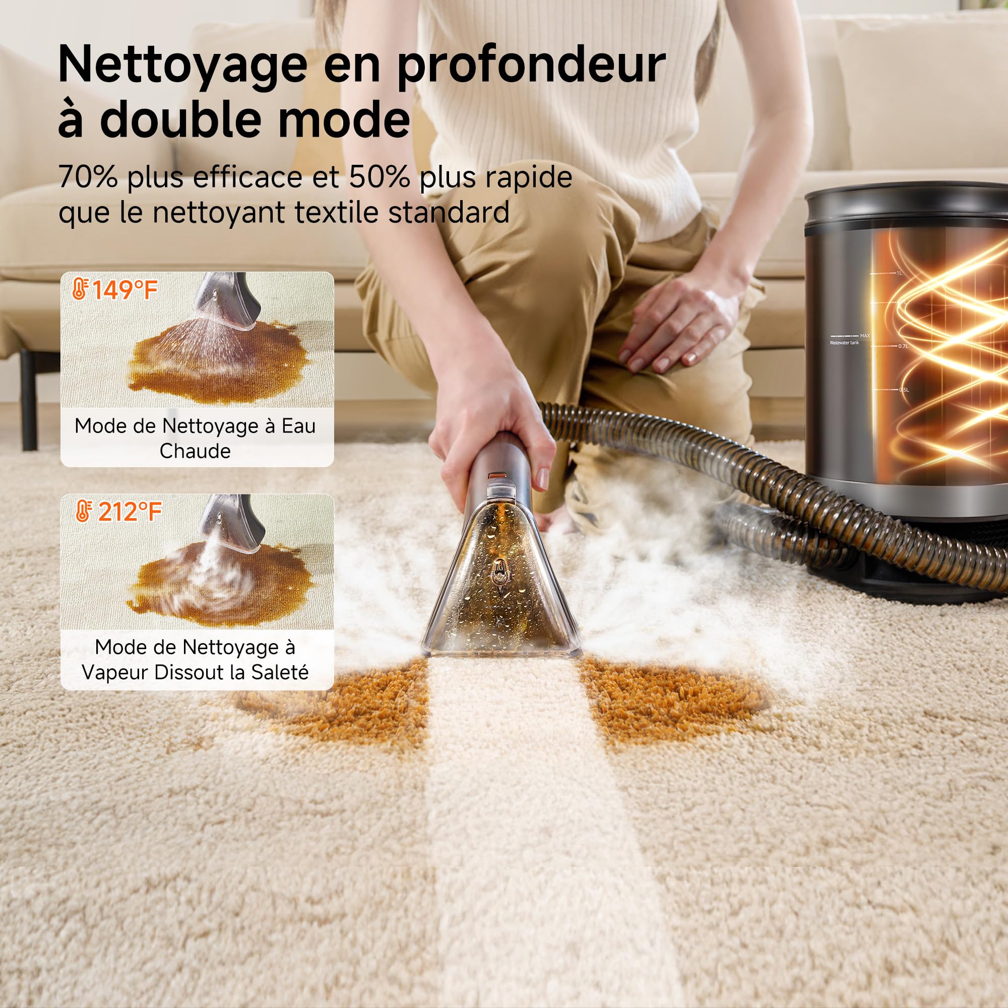 Uwant B400 Vapeur et Chauffage Shampouineuse Canapé Professionnel ，Aspiration Puissante 18Kpa，Portable avec 4 Accessoires,Nettoyeur Canapé Tissus 2-en-1 pour Tapis Set of 1,Meubles, Tissus, Voiture