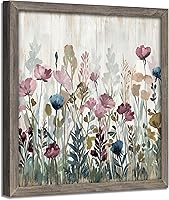 ArtisticPath Colorful Floral Framed Wall Art 12x12 - Rustic Pink Flower Painting Vintage Botanical Farmhouse Wooden Decor