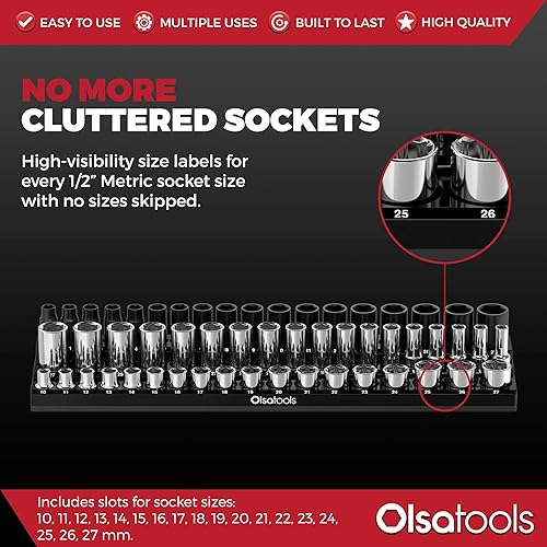 Miniatura 65 de Olsa Tools Organizador magnético de enchufes (unidad de 1/2 pulgada, 3 filas) - Organizador magnético de herramientas y soporte de enchufes