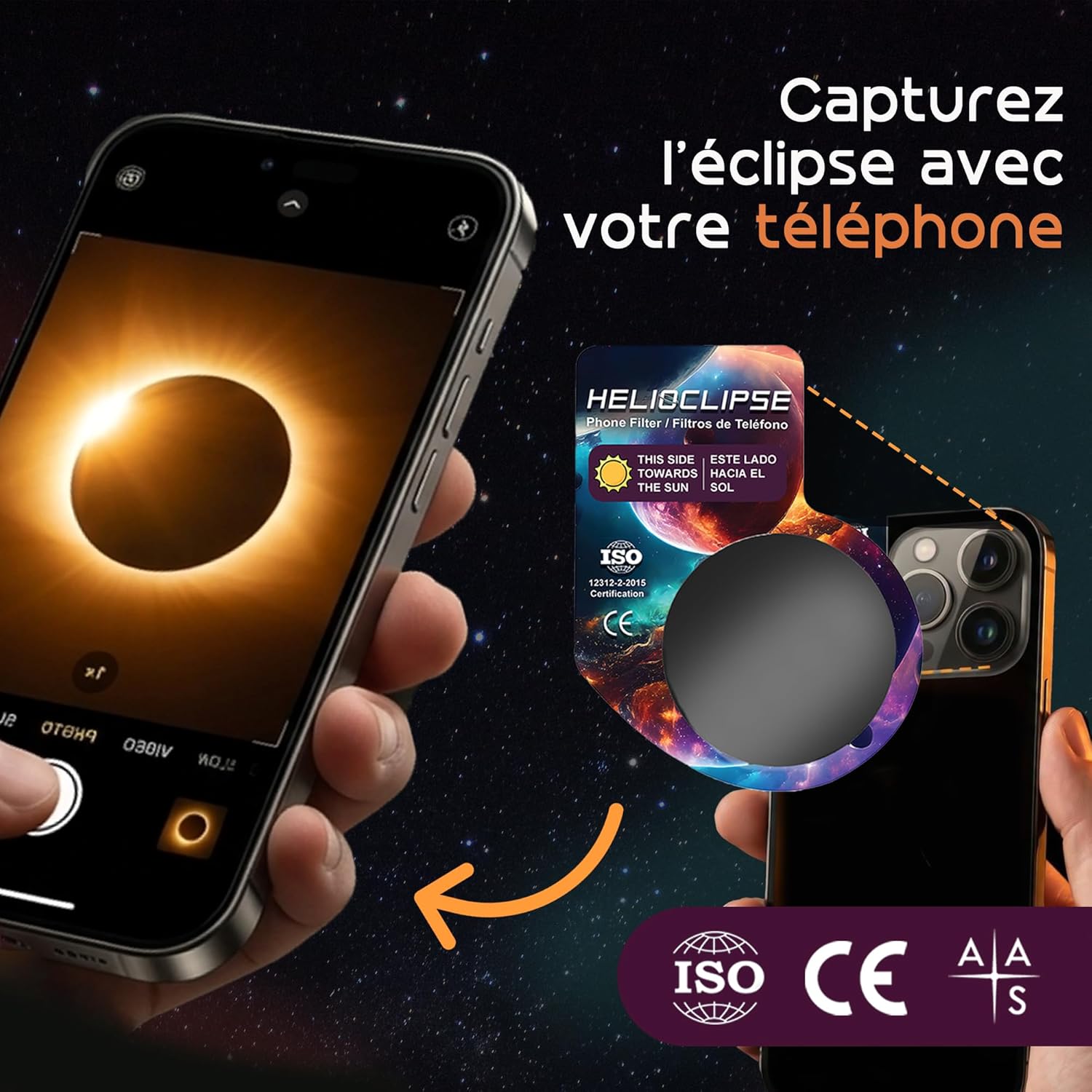 Helioclipse - Lot de 25 Lunettes Éclipse Solaire ISO 12312-2 - Lunette Éclipse Solaire Certifiée pour Éclipse de Soleil Totale ou Partielle - Bonus 5x Filtre pour Téléphone — vue 5