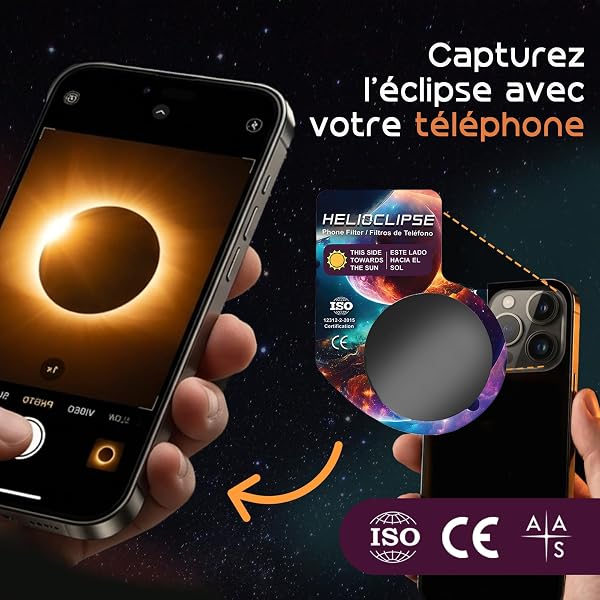 Helioclipse - Lot de 25 Lunettes Éclipse Solaire ISO 12312-2 - Lunette Éclipse Solaire Certifiée pour Éclipse de Soleil Totale ou Partielle - Bonus 5x Filtre pour Téléphone - 5