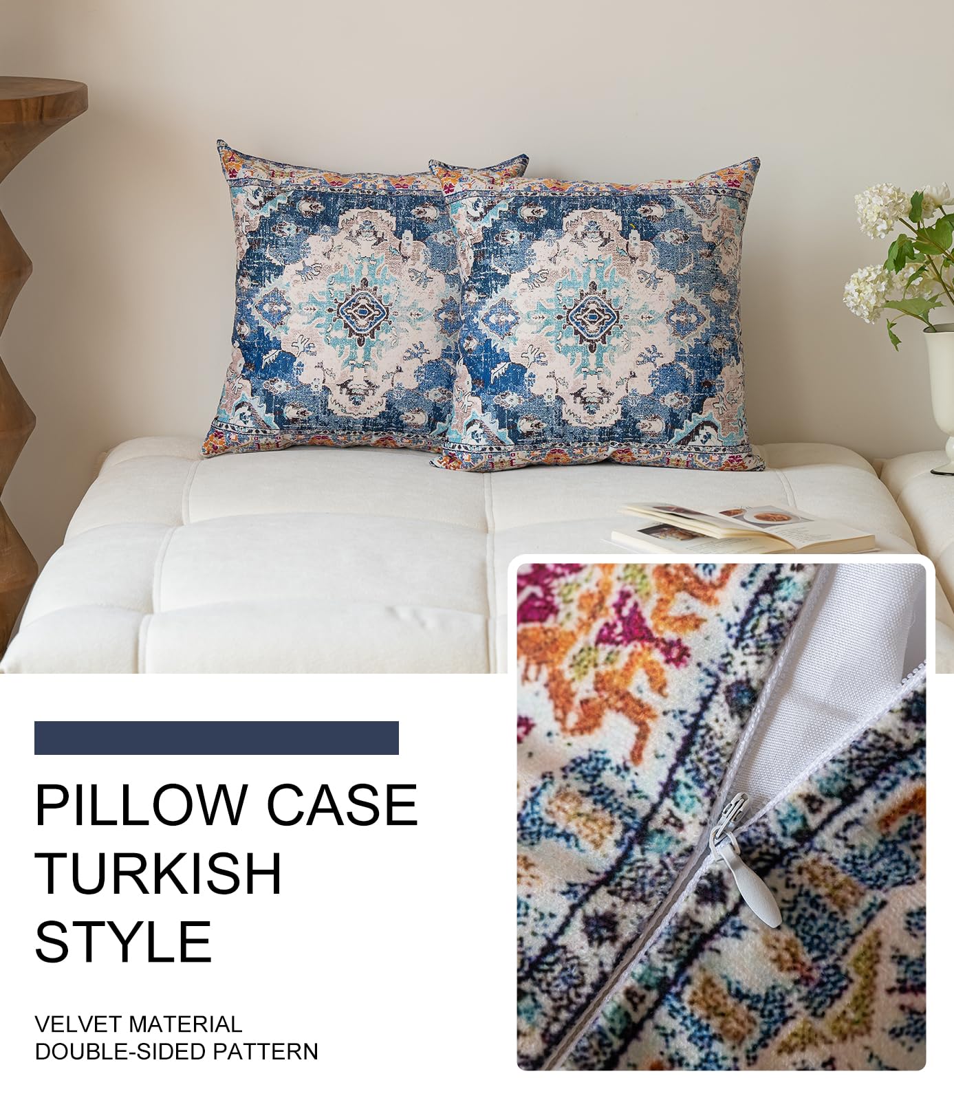 Vorysum Set of 2 Bohemian Style Cushion Covers 45x45 cm Retro Floral Mandala Compass Medallion Decorative Square Throw Pillow Covers 18x18 Inch Sofa Pillowcase for Bed Living Room Couch Decor (Blue) - Image 2