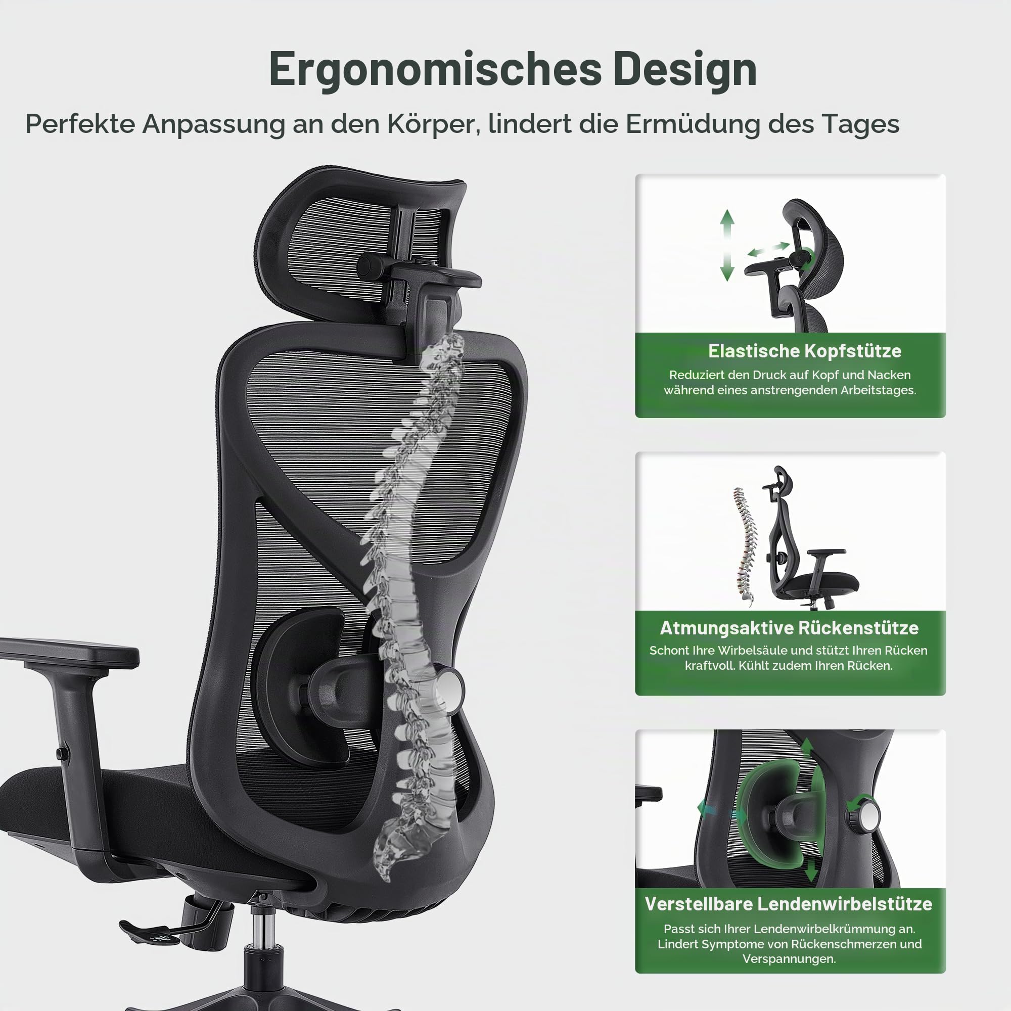 CALIYO G-1635H Bürostuhl Ergonomisch, Schreibtischstuhl mit Verstellbarer Kopfstütze, Armlehnen, Lendenstütze und Wippfunktion – Atmungsaktiver Mesh-Drehstuhl, Gamingstuhl, Bürostuhl 150 kg, Schwarz