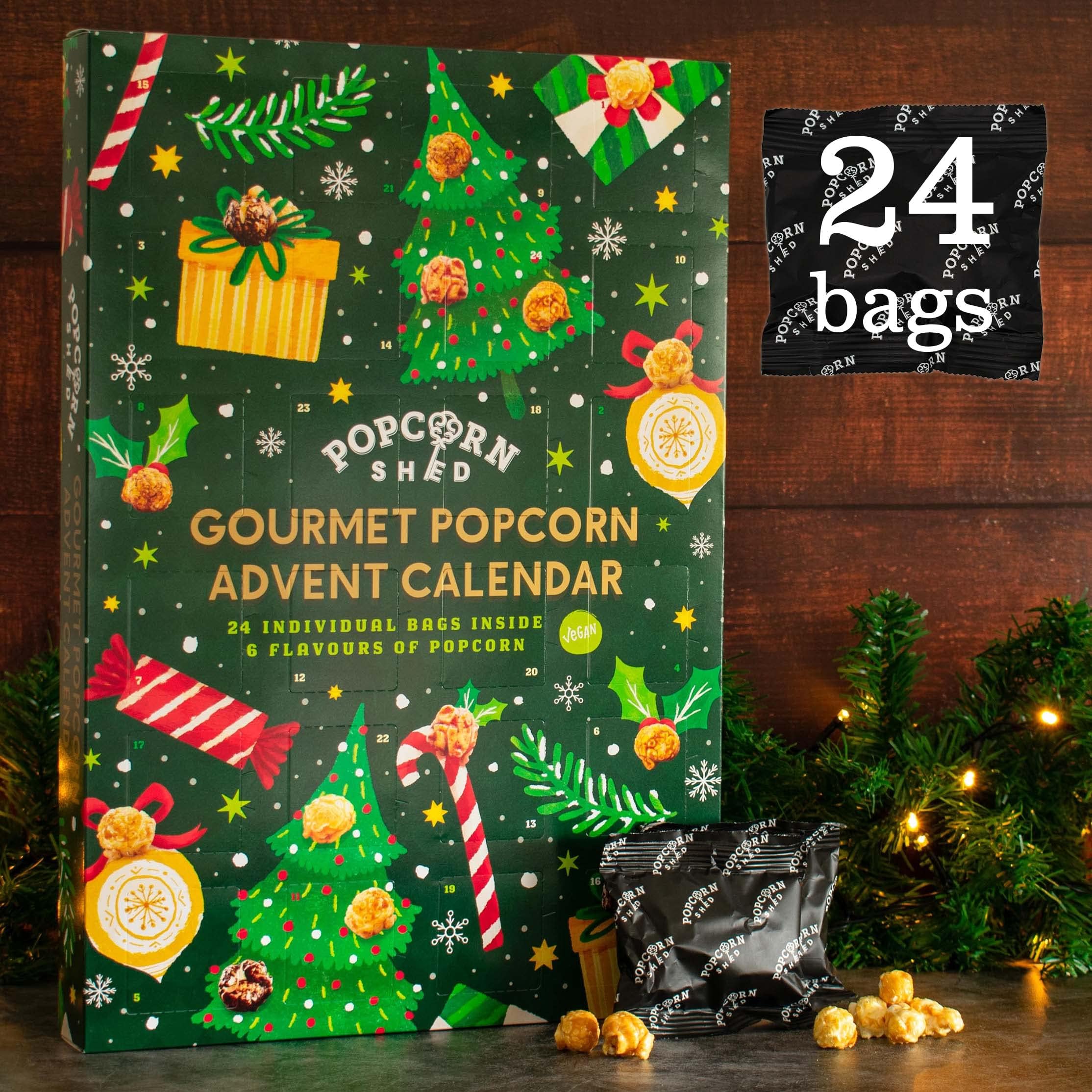 Popcorn Shed Gourmet Popcorn Advent Calendar 2025 (24 Days of Popcorn) - 6 Luxury Flavours, All Natural Ingredients, Vegan Foodie Gift, Non-Chocolate Popcorn Christmas Advent Calendar