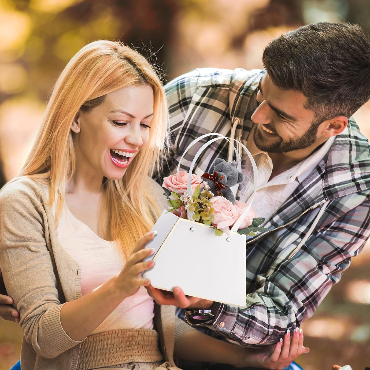 Sepamoon 8 Pcs Valentine's Day Flower Boxes for Arrangements Floral Bouquet Gift Bags Bulk Supplies Wedding Birthday Portable Flower Wrapping Paper Bag with Handle Waterproof Empty Florist Box(White) - Image 2