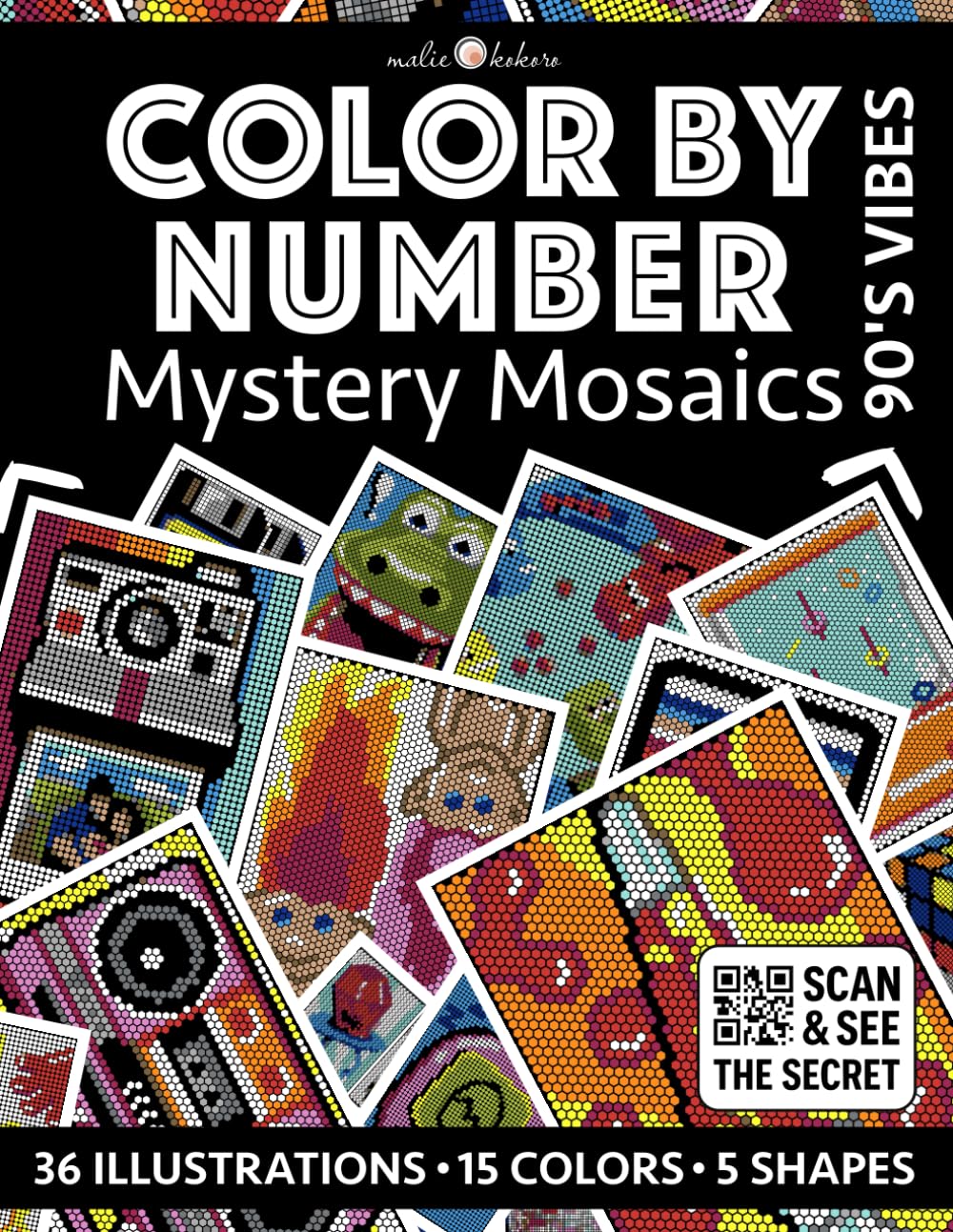 Color by Number: 90's Vibes [Premium Print] - Mystery Mosaics Coloring Book | Black Background Edition | 36 Illustrations: 90s Nostalgia | Bold and ... - Black Edition [Premium Print] | Pixelart)