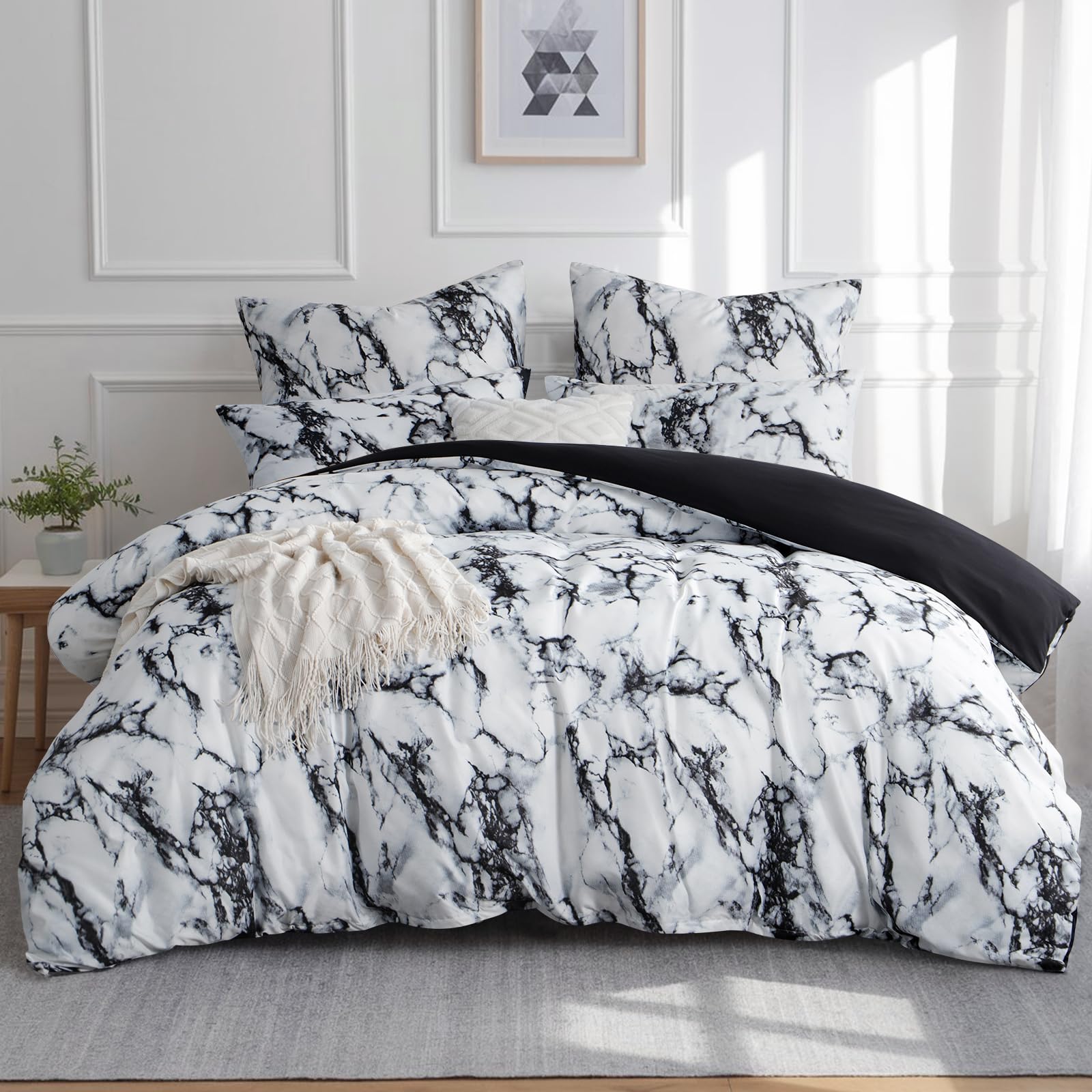 Aisbo Double Bedding Duvet Cover Sets, 3 Pieces Marble Bedding Set Black and White