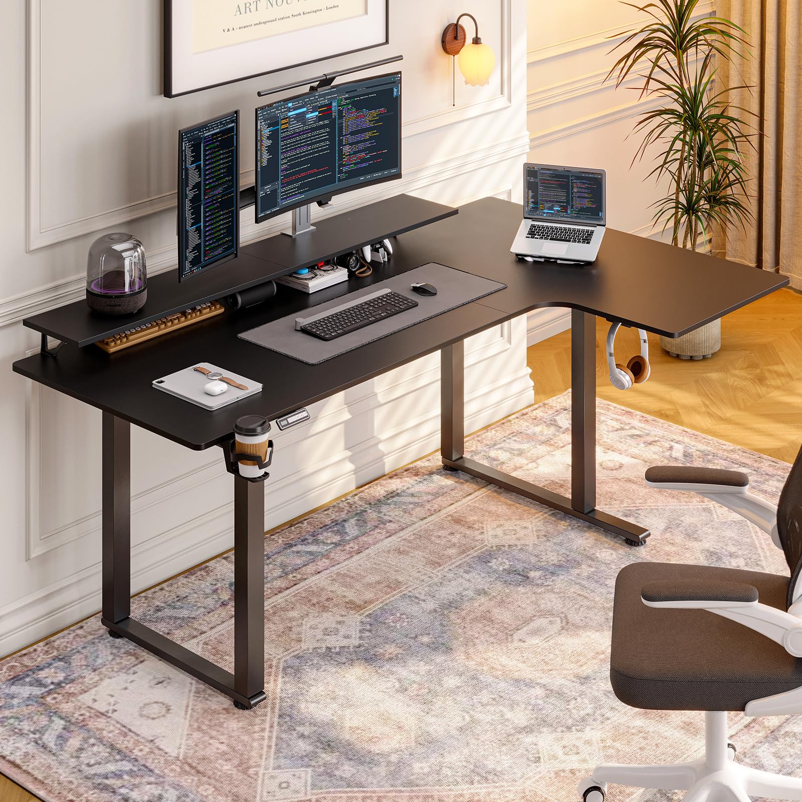 L Shaped Standing Desk, 71x43'' Electric L Stand Up Desk with 2 Adjustable Monitor Shelves, Dual Motor and Memory Controller, Adjustable Height from 28-46'' for Home and Computer Workstation, Black