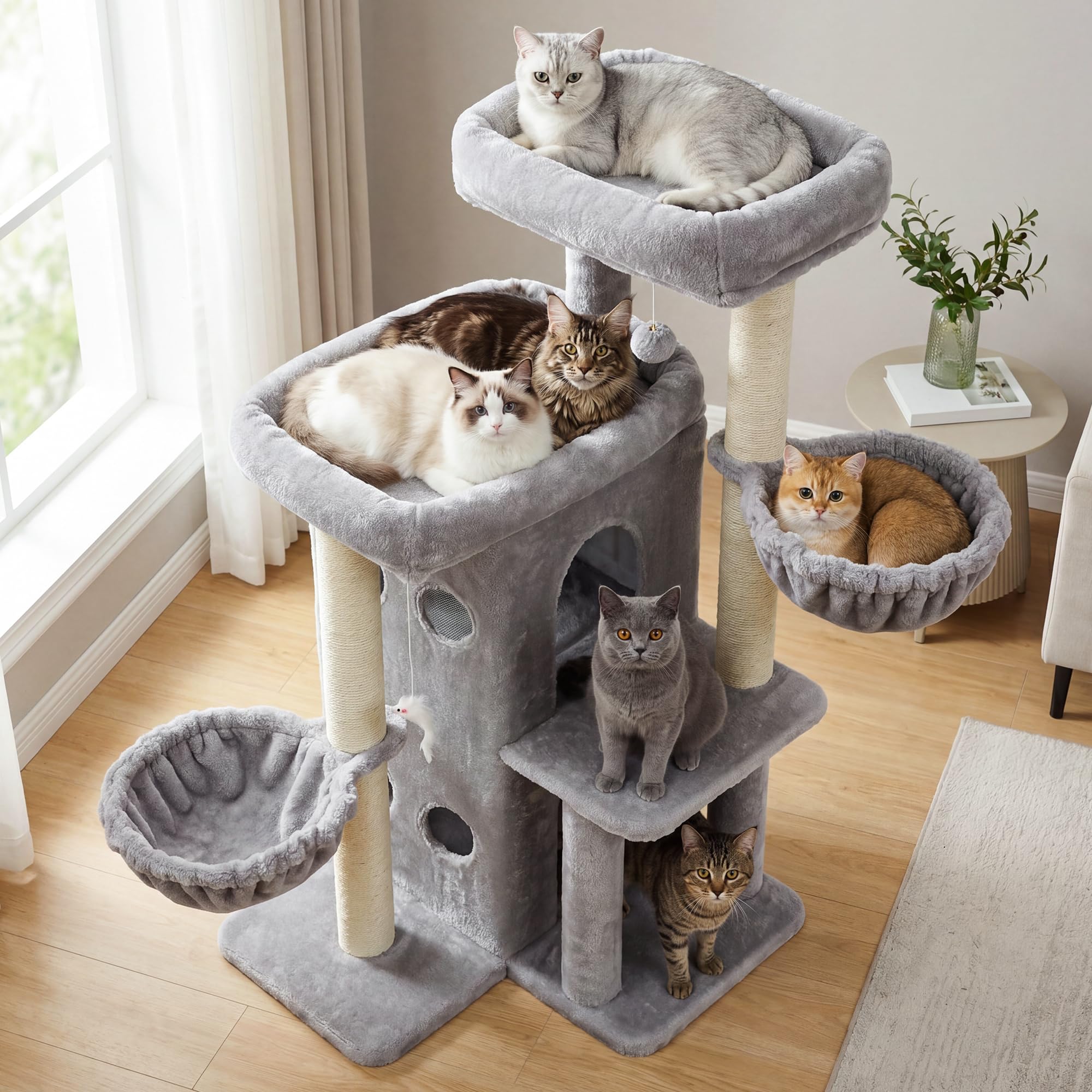 Heybly Árbol para Gatos 105 cm con 2 Plataformas y 2 Cestas Gris Claro | multinivel torre,2 plataformas,cueva doble,2 cestas,felpa suave,postes de sisal,para interiores y varios gatos HCT075W