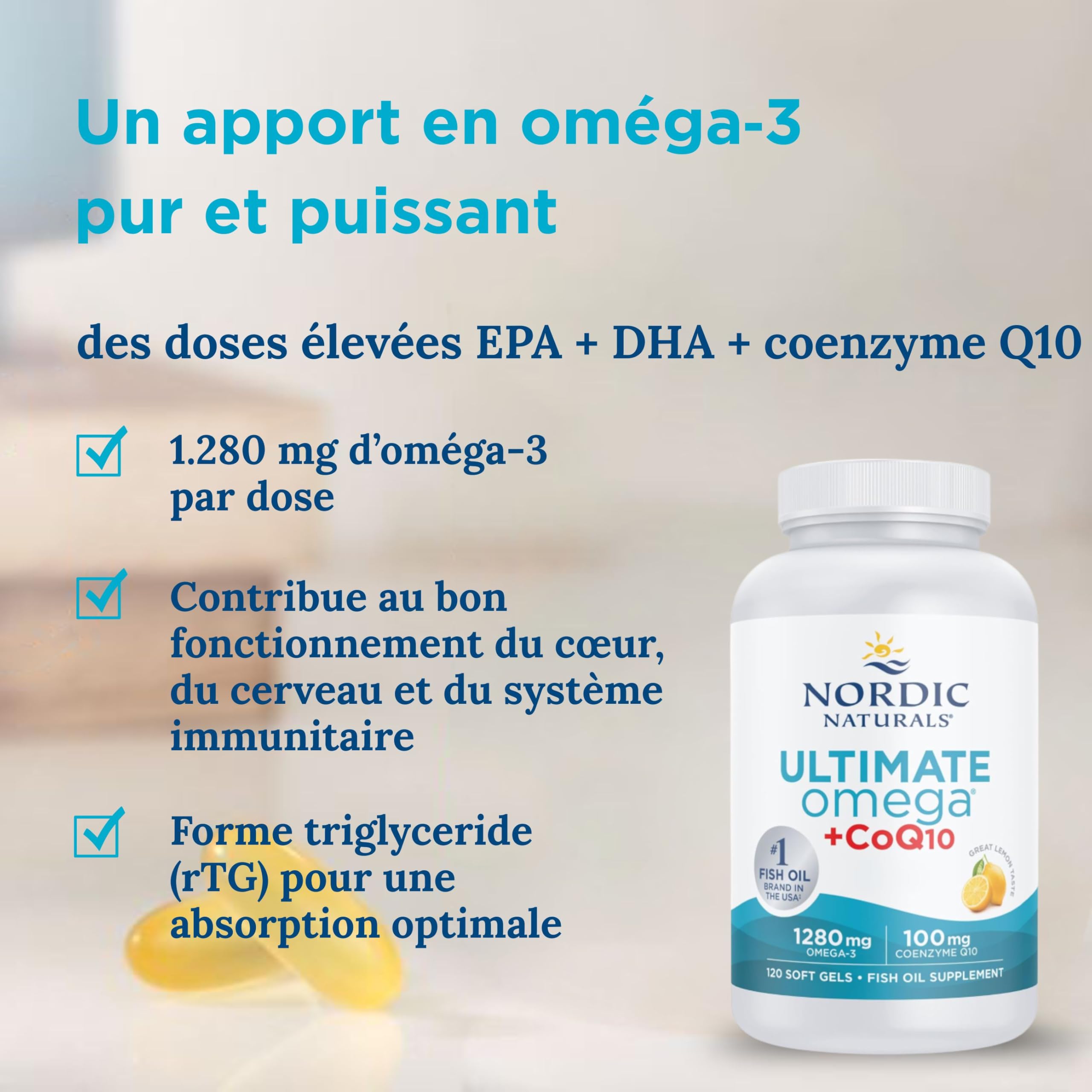 Nordic Naturals, Ultimate Omega-3 + CoQ10, 1280mg d'Oméga-3, avec EPA, DHA et Coenzyme Q10, Haute Dosé, Goût Citron, 120 Capsules molles, Testé en Laboratoire, Sans Soja, Sans Gluten, Sans OGM