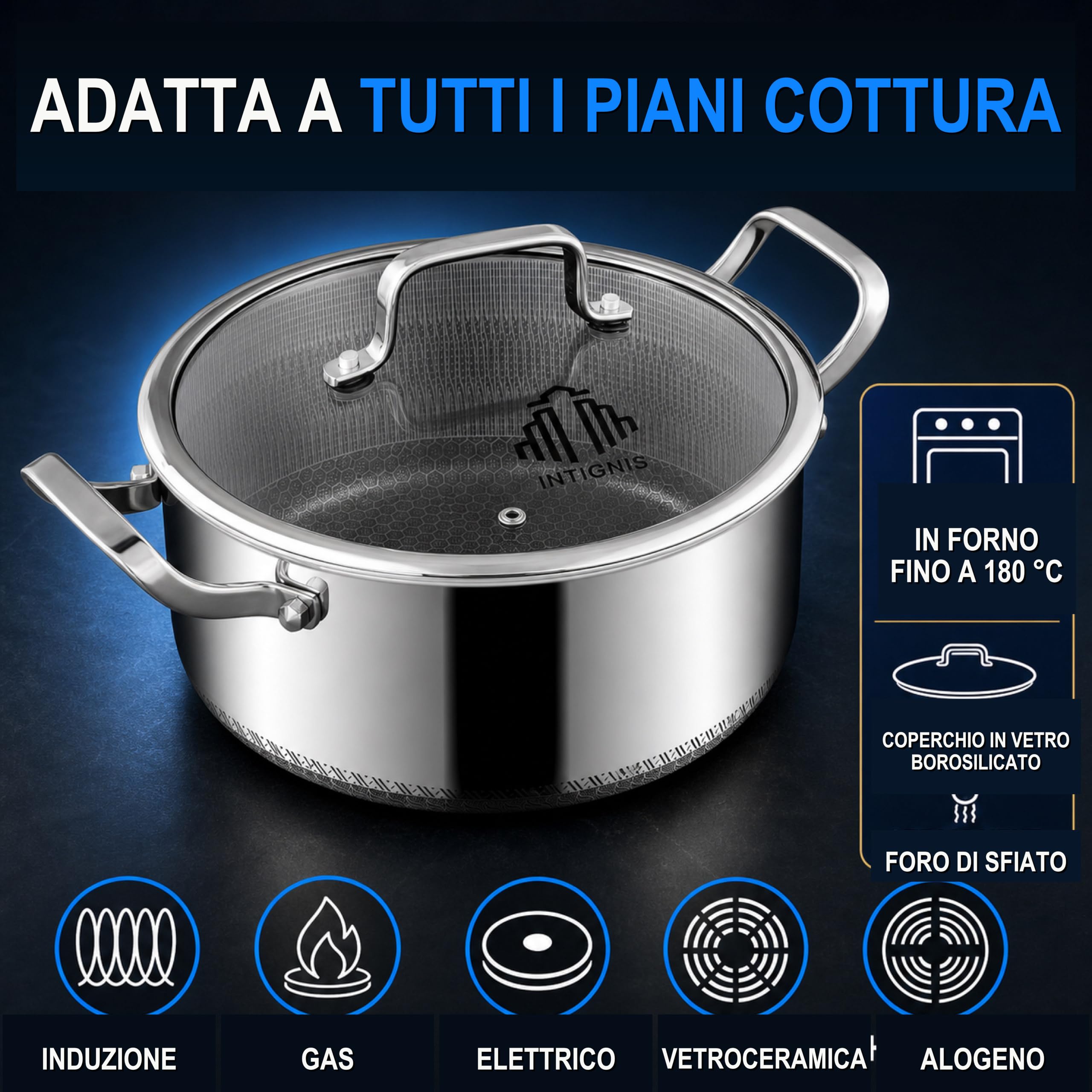 INTIGNIS® Pentola con Coperchio | Casseruola Antiaderente in Acciaio inox con Coperchio | Compatibile con l'induzione | Resistente ai Graffi | Adatta al Forno | Resistente (5 Litro)