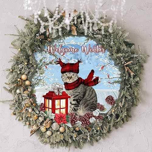 Miniatura 3 de Letrero de corona de flores de Navidad con escena de nieve de invierno, decoración de madera, letrero de bienvenida de gato de Navidad, letrero de
