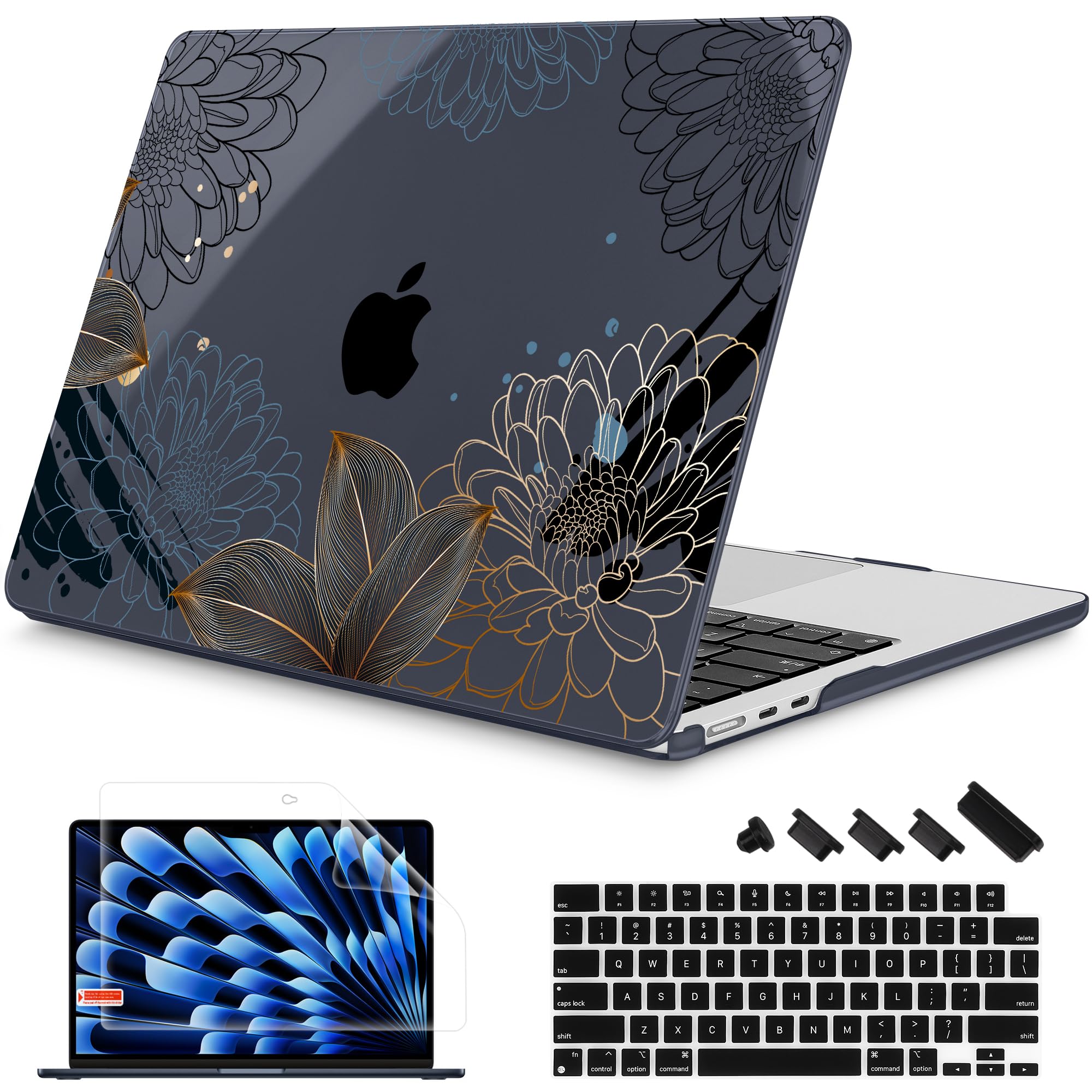Mektron Designed for Newest MacBook Air 15 INCH M2 Chip A2941 Case 2023 Release 15.3" Liquid Retina Display with Touch ID Cover, Plastic Hard Shell with Keyboard Cover, Line Chrysanthemums