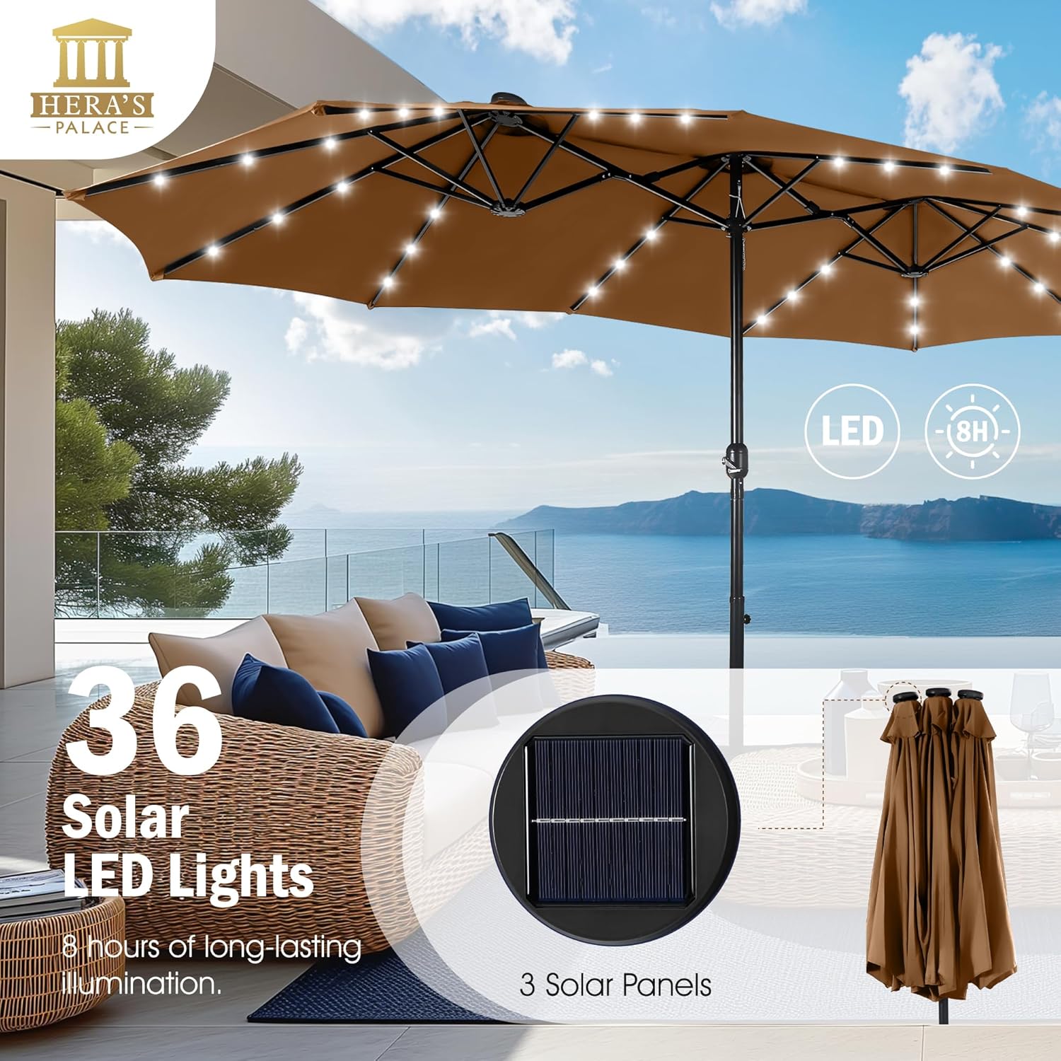 HERA'S PALACE 15ft Patio Umbrella with Base Included Double Sided Outdoor Umbrella for Patio Table Umbrella Outdoor 36 LED Solar Lights for Garden