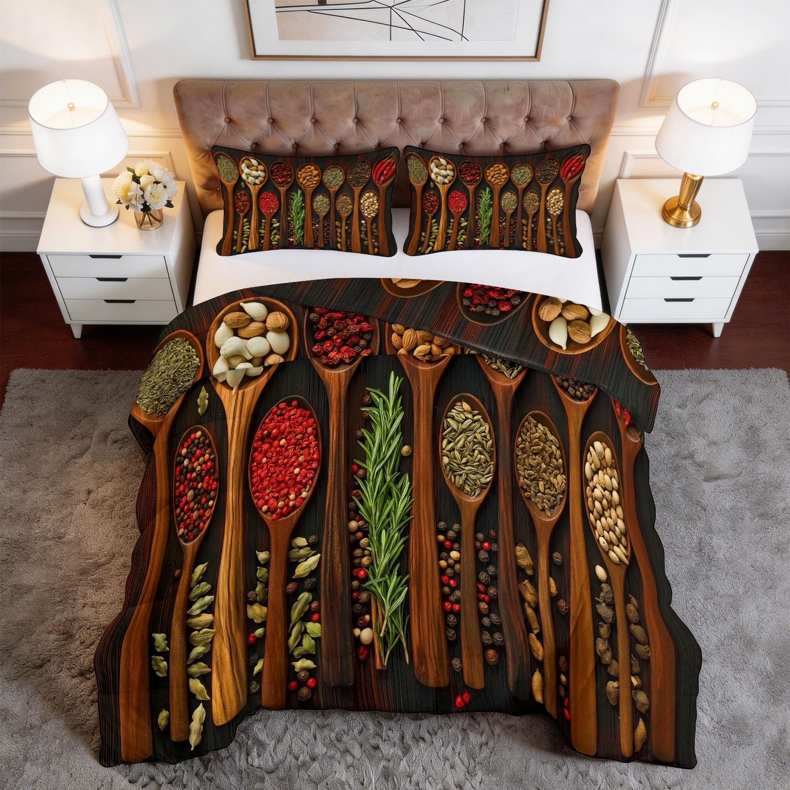 Perfumy Piwonia Bois De Vie Kołdra z nadrukiem 140 x 200 cm Miękka i oddychająca kołdra bez poszwy na łóżko dla 2 osób, brązowa kawa pikowana kołdra na 4 pory roku - 2 poszewki na poduszki 65x65 cm