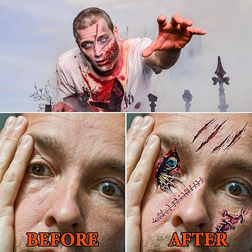 Miniatura 3 de Fusang 20 tatuajes temporales de cicatrices de Halloween, realista, falsa herida sangrienta, impermeable, papel adhesivo para cosplay, fiesta,