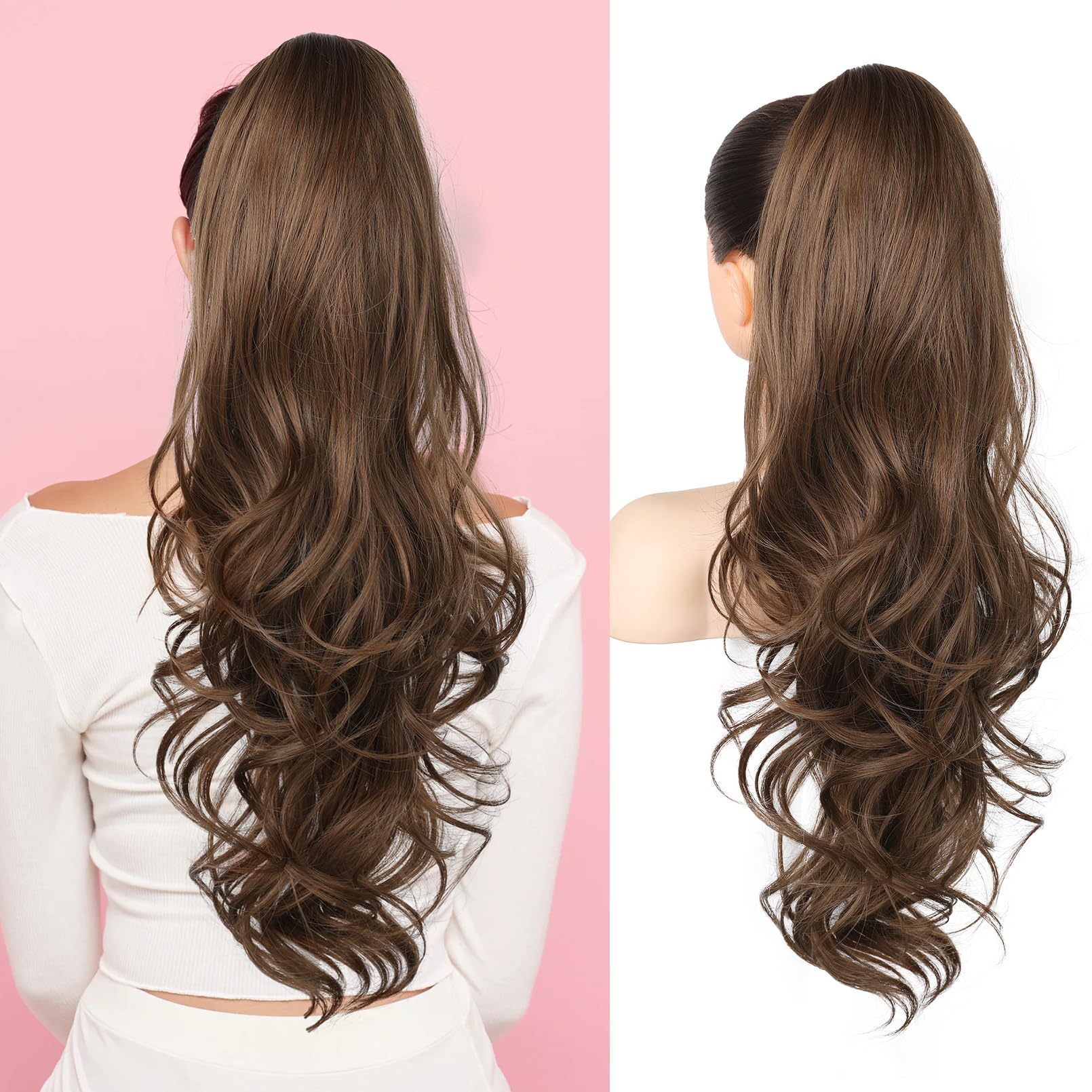 Flufymooz 26" Ponytail Extension, Long Wavy Curly Claw Clip in Ponytail Hair Extensions, Natural Synthetic Hairpiece for Women Daily Wear(Medium Brown
