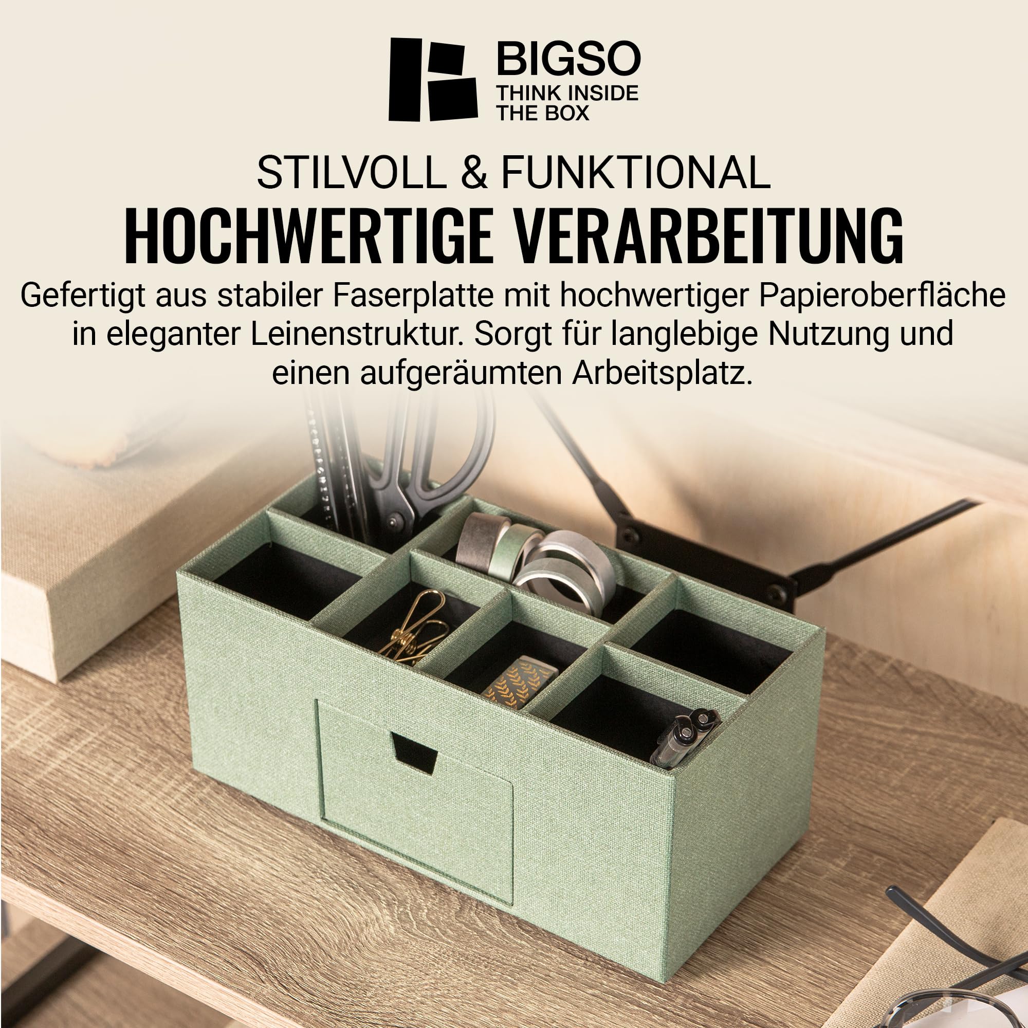 BIGSO VENDELA Schreibtisch Organizer mit 7 Fächern und Schublade – Ablagebox aus Faserplatte und Papier in Leinenoptik – Schreibtischset für Büromaterial – mintgrün