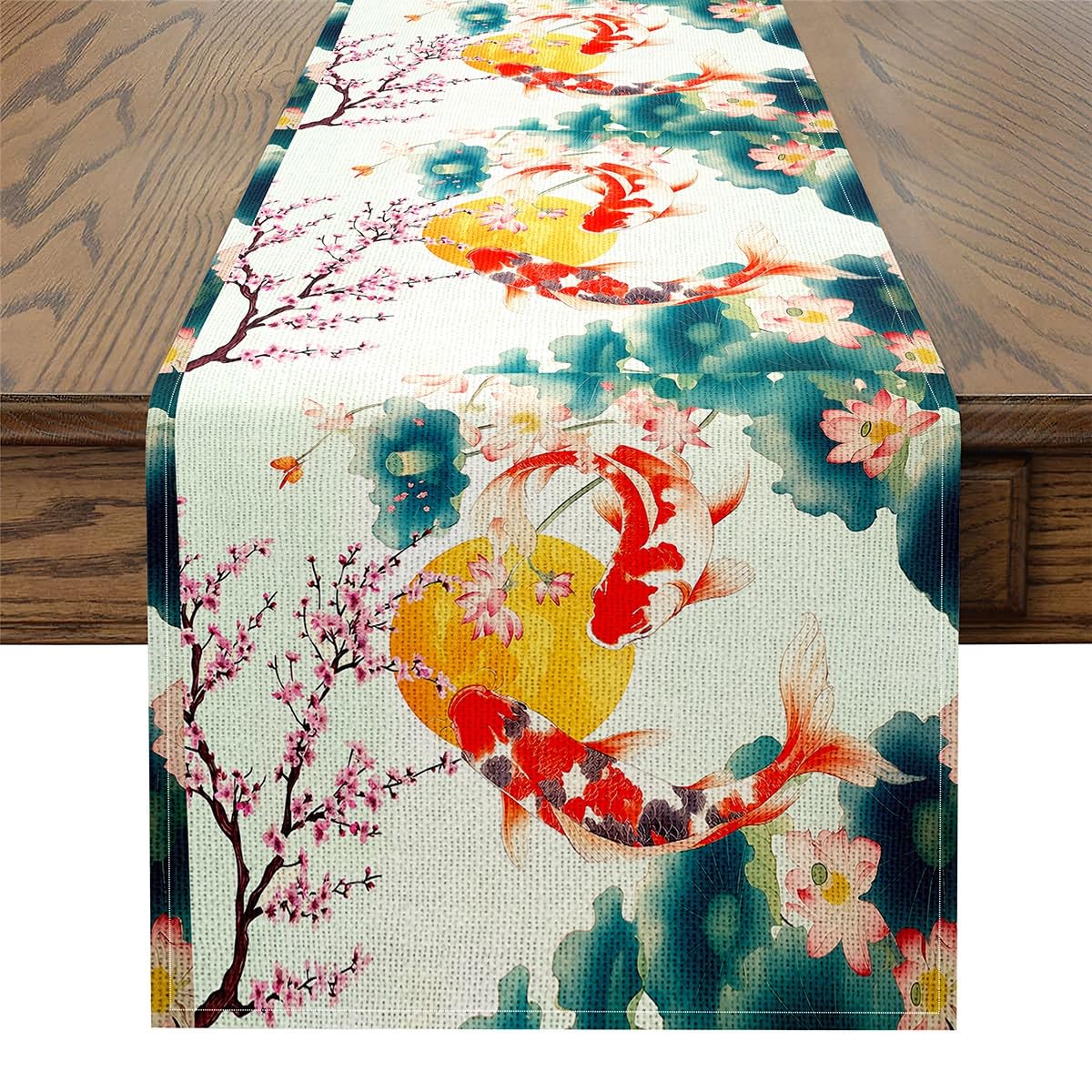Erosebridal Carp Table Runner 13x48, Lotus Leaves Sakura Table Runners for Living Room Bedroom, Sun Butterfly Yoshino Cherry Rectangular Runner, Koi