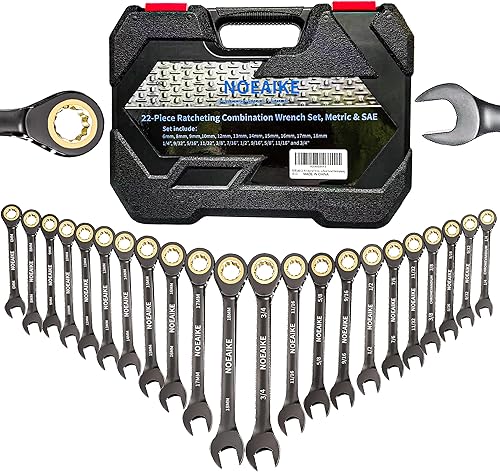 Juego de 22 llaves de trinquete, dientes antideslizantes, juego de llaves combinadas de trinquete, métricas de 0.236 a 0.709 pulgadas y SAE 14"-34"