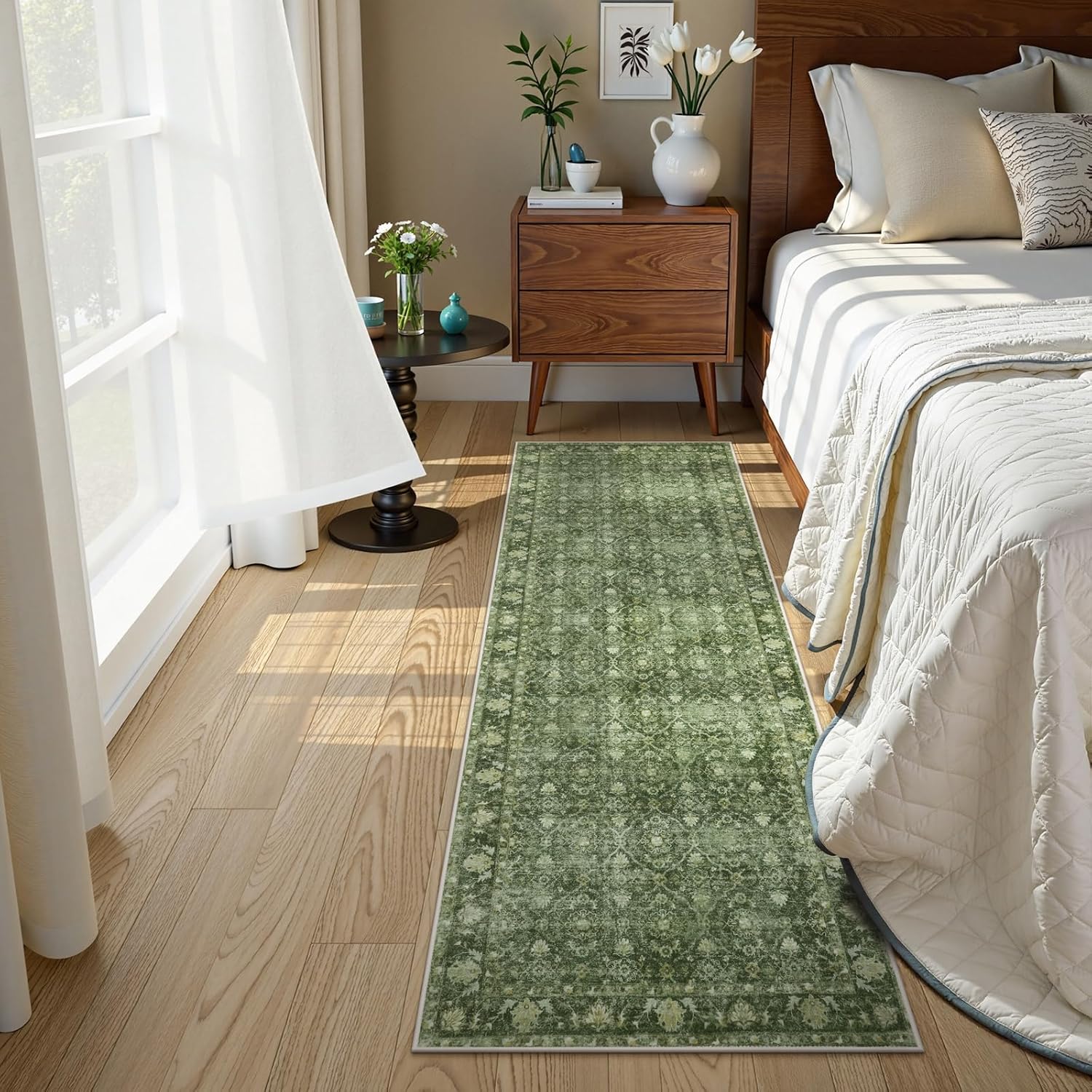 Hedlive Vintage Green Washable 2x6 Runners for Hallways, Boho Kitchen Runner Rug Non Skid, Soft Low Pile Floor Carpet for Entry Bathroom Bedside High Traffic Area (2'x6', Green)
