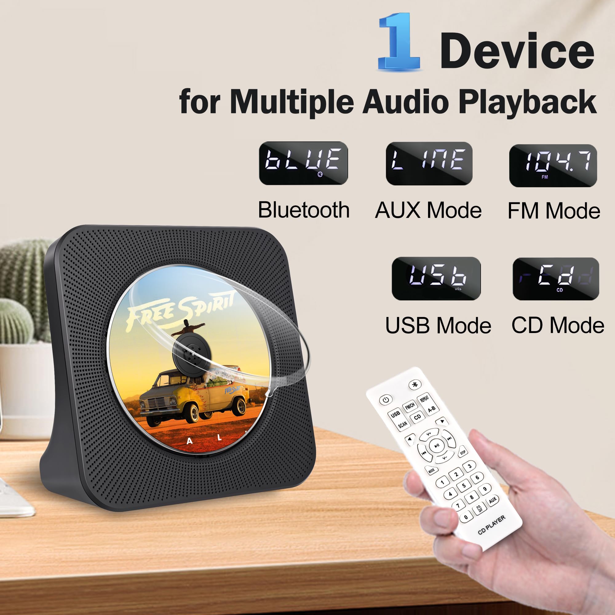 Lecteur CD Portable Bluetooth, 4000mAh Rechargeable pour Voiture, Poste CD HiFi avec télécommande, Connexion USB et AUX, FM Radio, CDs, Noir