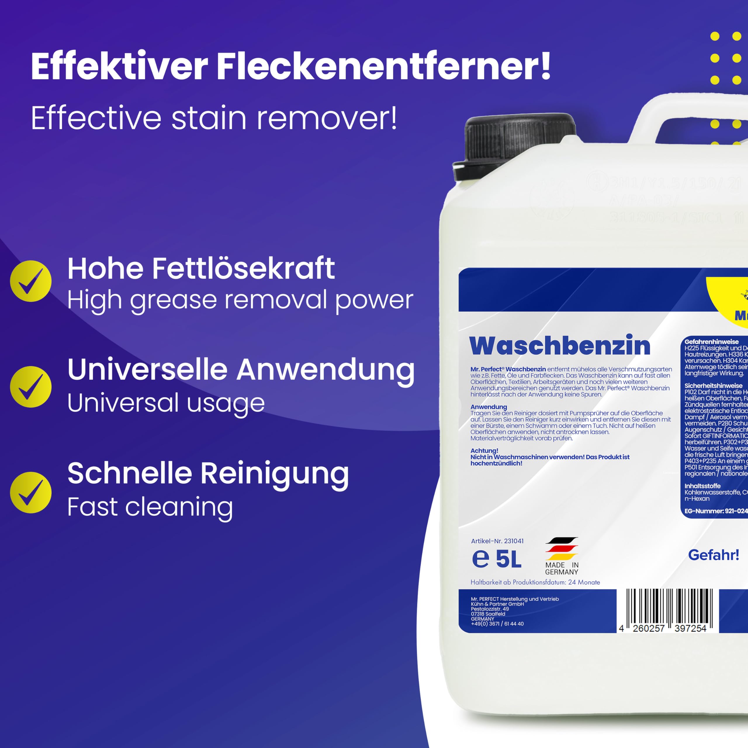 Mr. Perfect® - Waschbenzin 5L - Lösungsmittel für Fleckentfernung auf Textil, Kunststoff, Oberflächen & Arbeitsgeräten - Waschbenzin Reinigungsbenzin - Benzin Reiniger