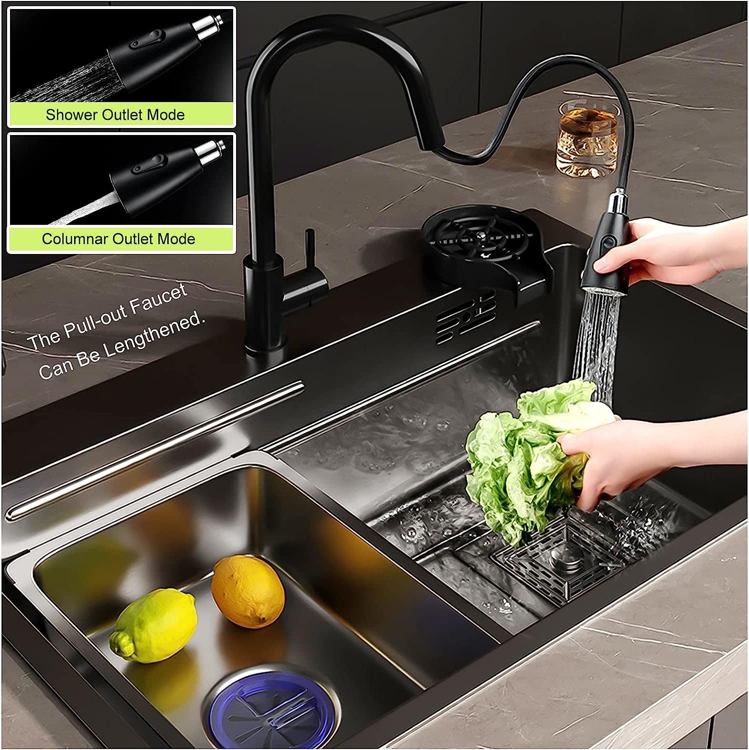 Fregadero de cocina con grifo extraíble y accesorios para instalación moderna en el hogar