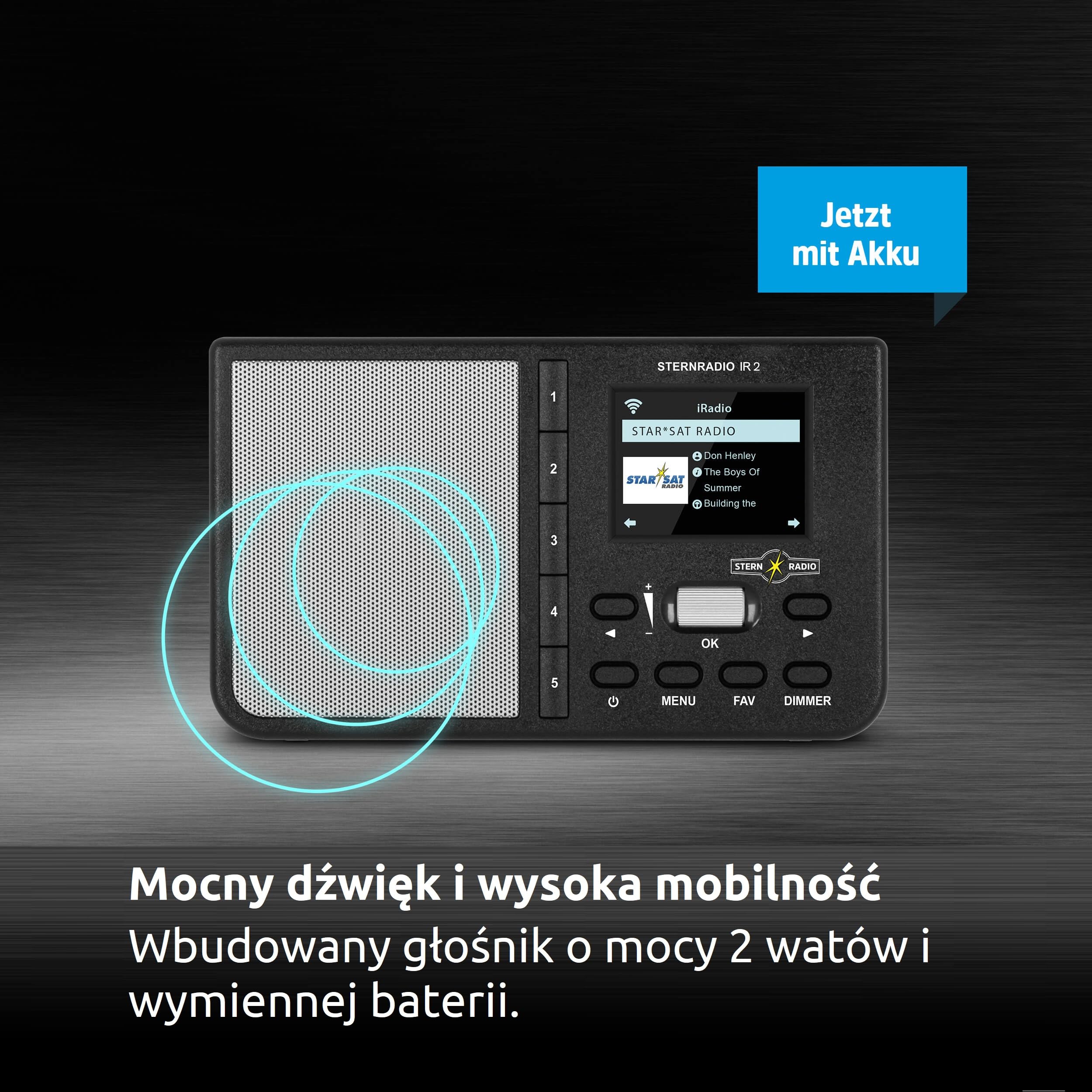 TechniSat Radio gwiazdkowe IR 2 – kompaktowe radio internetowe (WLAN, wymienny akumulator, kolorowy wyświetlacz, zmienne przyciski bezpośredniego wyboru, nadajnik radia do spania, budzik, timer snu