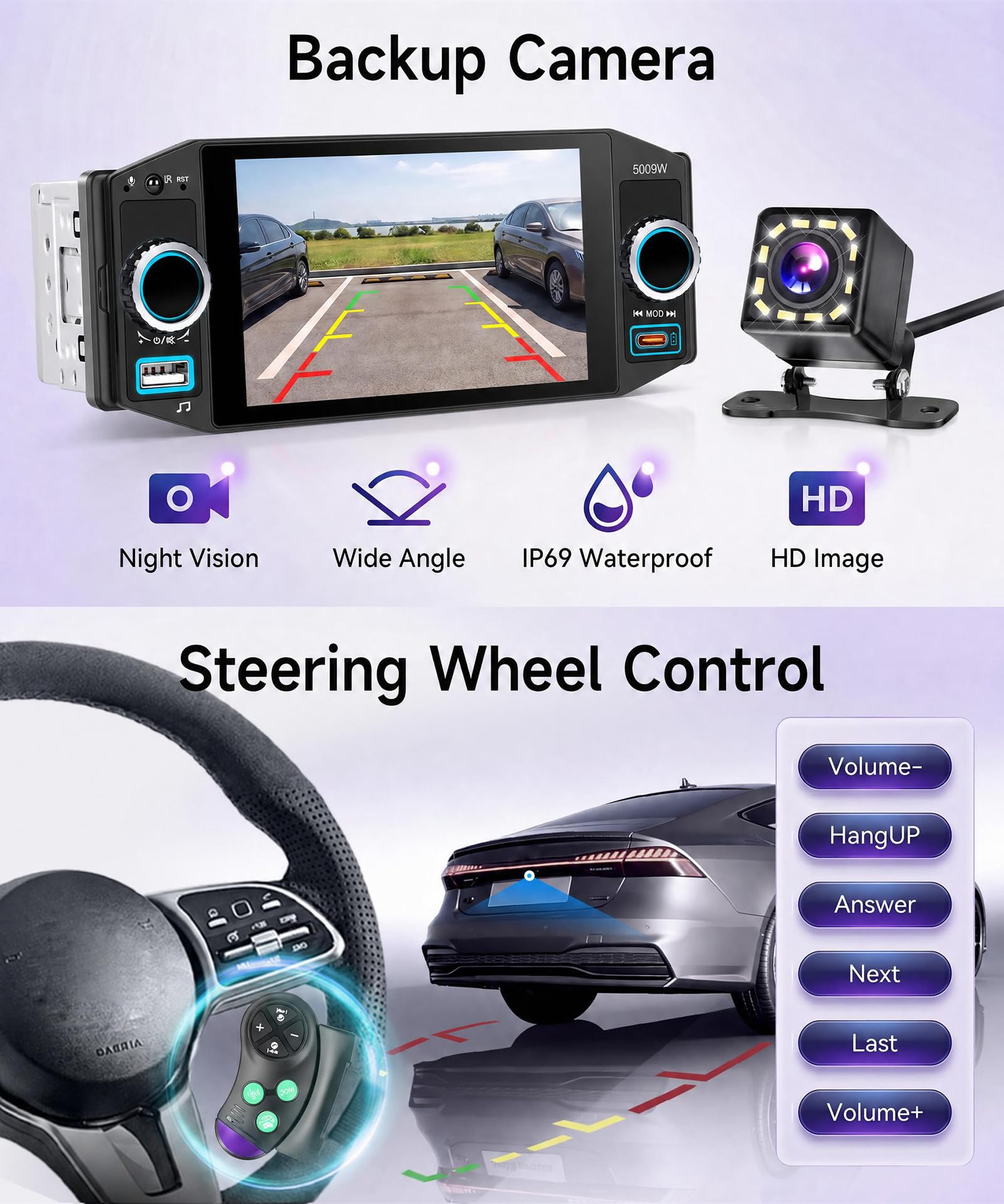 Rimoody Radio de Coche 1 DIN con Inalámbrico Carplay Android Auto Bluetooth 5.2 FM/Am/RDS, 5 Pulgadas Touchscreen Radio Coche iOS/Android Mirror Link EQ/USB/Tipo C Comandos al Volante Cámara Trasera