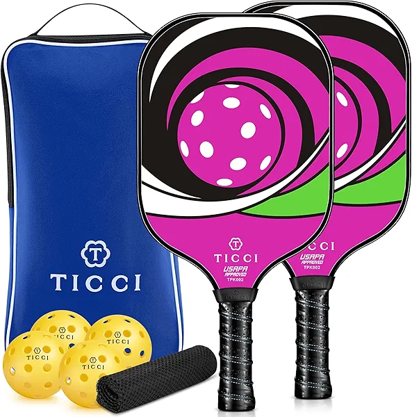 T TICCI Pickleball Paddles Set of 2, USAPA Approved Fiberglass Pickle Ball Paddles with 4 Pickleballs, Lightweight Rackets for Adults & Kids, Includes Carry Bag & Net Bag for Men, Women, Beginners,