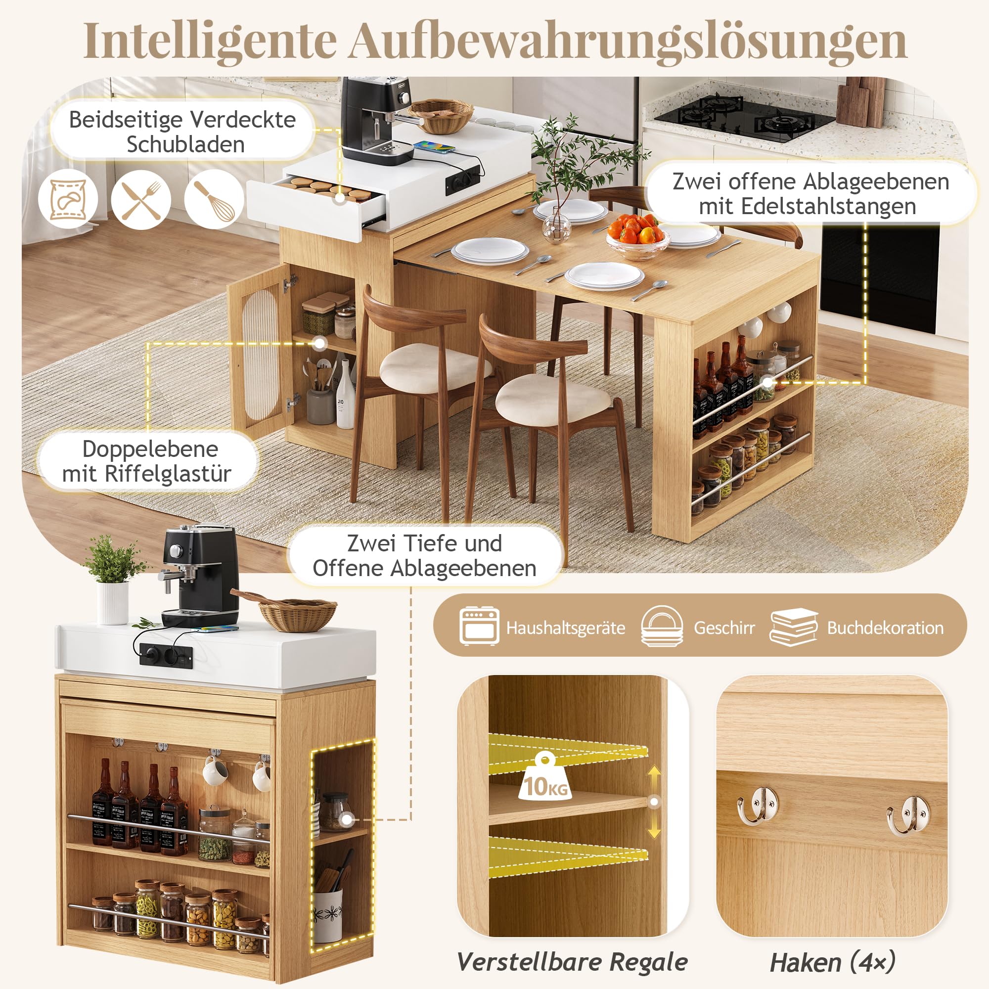 Îlot Central Cuisine avec Rangement, Table Extensible et Prises, Meuble Îlot de Cuisine avec Portes en Verre et Plan de Travail