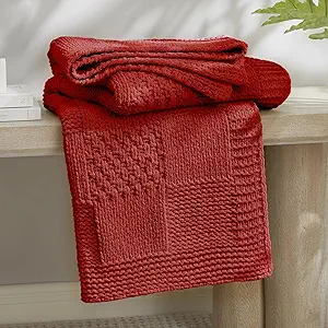 Amélie Home Checkered Chenille Knit Throw Blanket for Couch, Classic Texture Decorative Soft Blanket for Sofa, Chair & Bedroom, 50"x60", Red