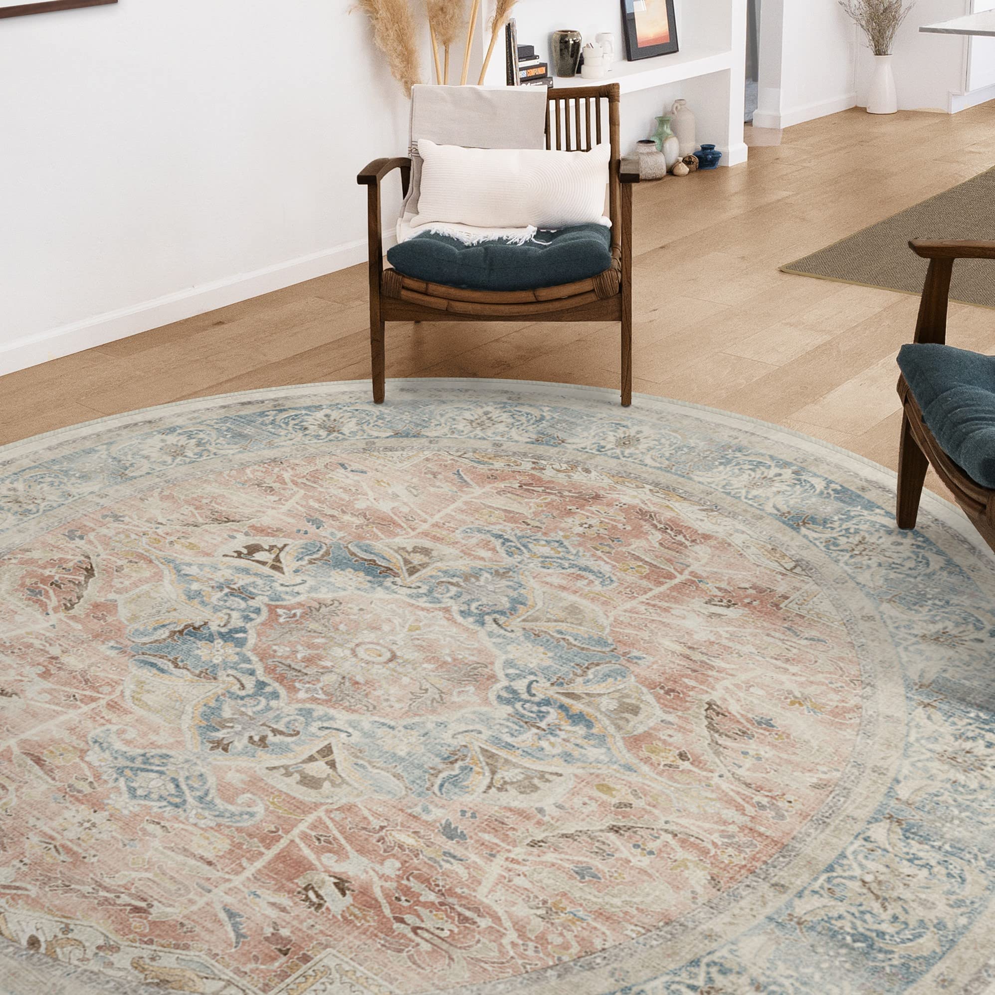 RUGGABLE Washable Vintage Area Rug – Sarrah Coral 6 ft Round, Stain-Resistant, Non-Slip with Cushioned Pad – Medium Machine Washable Rugs for Living Room, Bedroom, Hallway, Entryway & Office