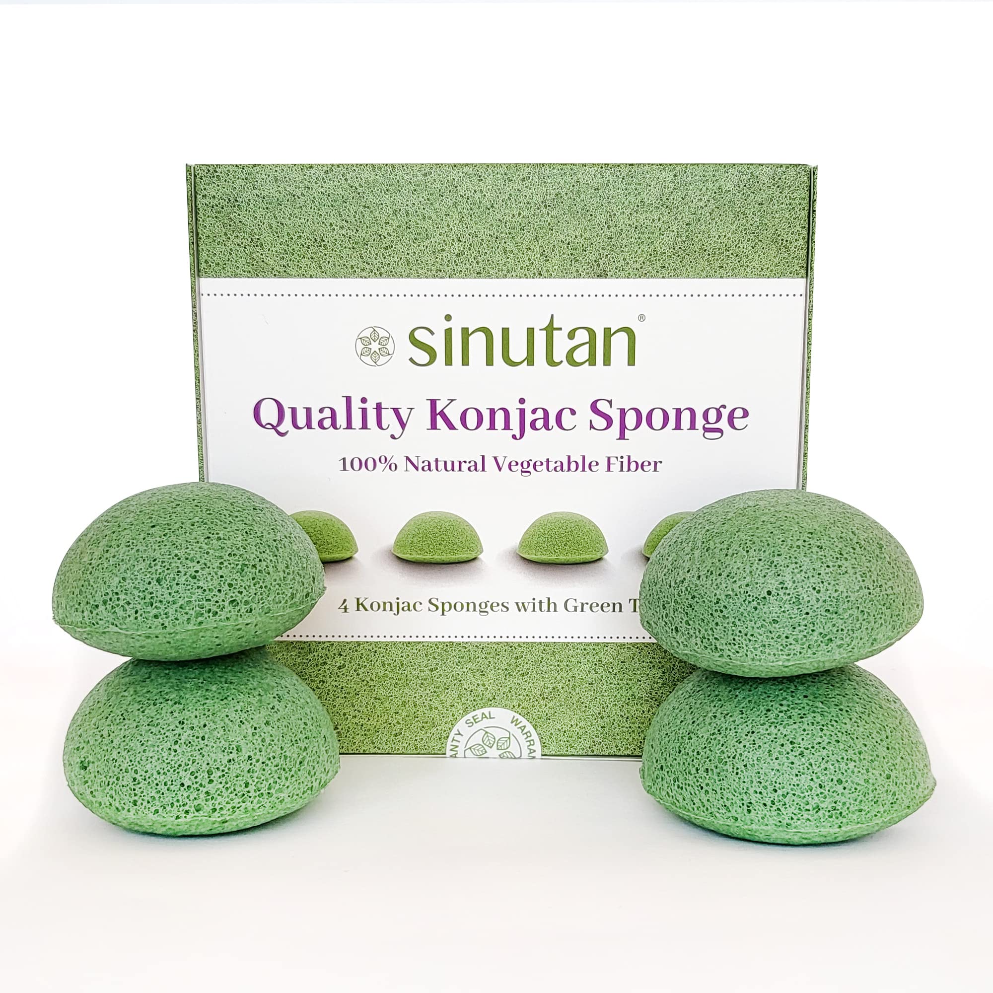 Sinutan® | Esponja Facial Konjac | 100% Natural (Juego de 4) con Extracto de Té Verde | Esponja Konjac Redonda para Exfoliación y Limpieza Suave de Poros | Cara y Cuerpo