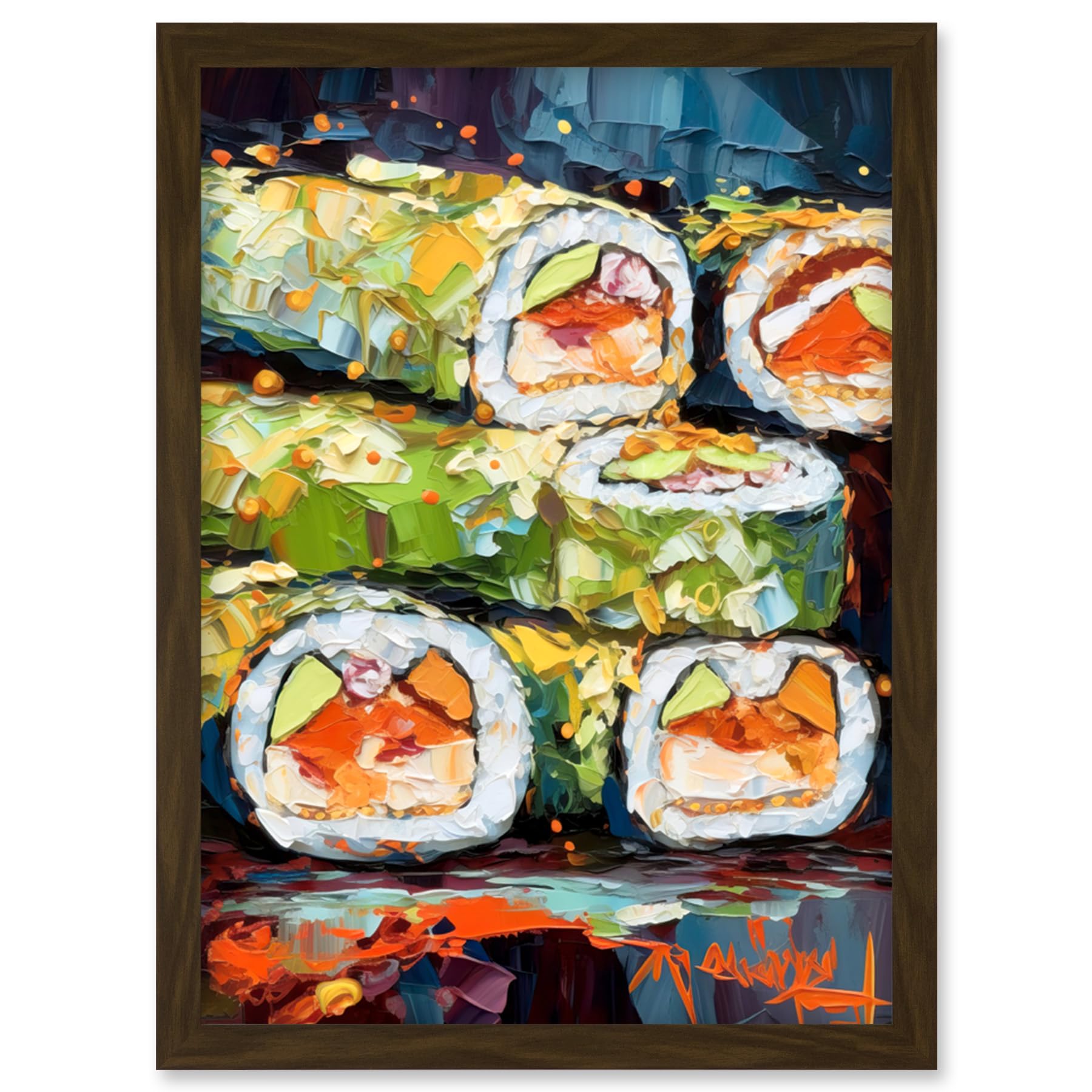 Artery8 Vibrant Japanese Cuisine Sushi Roll Oil Painting Artwork Framed Wall Art Print A4